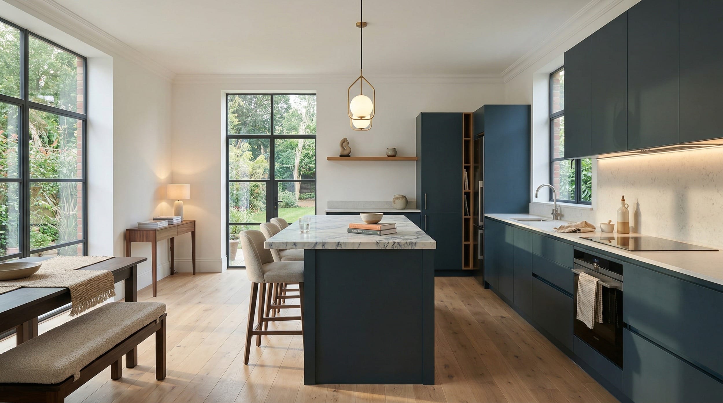 Wide view of a newly completed bespoke Mastercraft kitchen, contemporary painted lay-on cabinetry in indigo tones