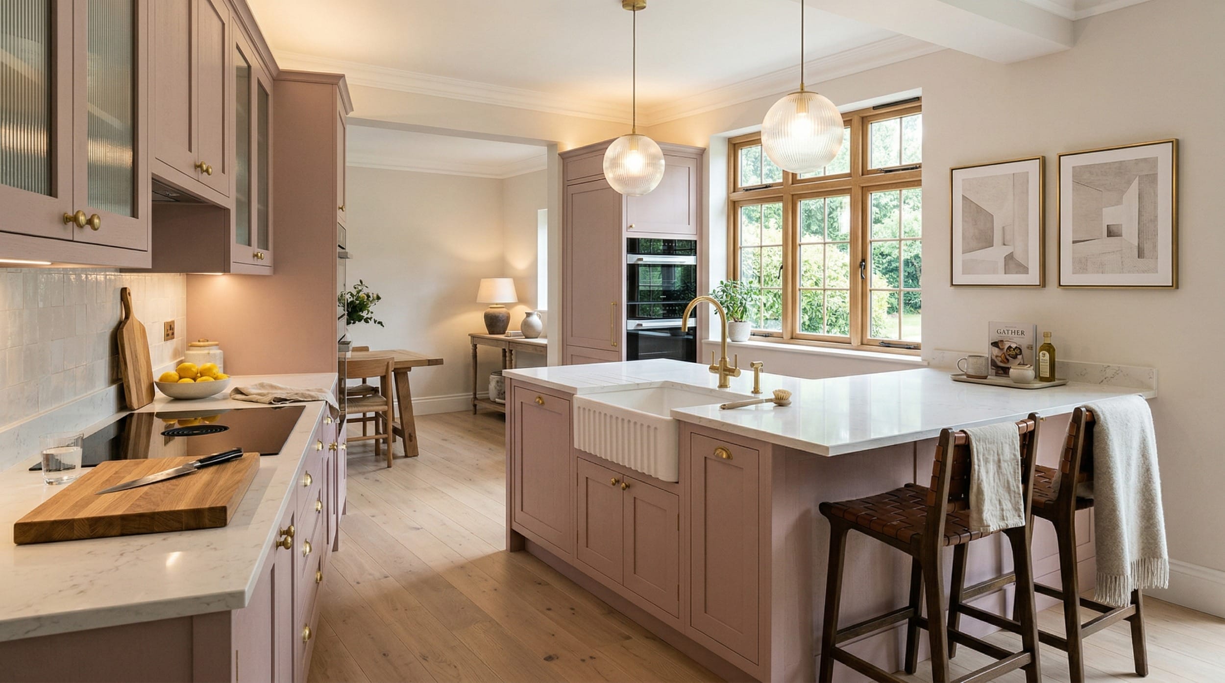 Wide view of a newly completed bespoke Mastercraft kitchen, timber veneer slab-door cabinetry in deep forest tones