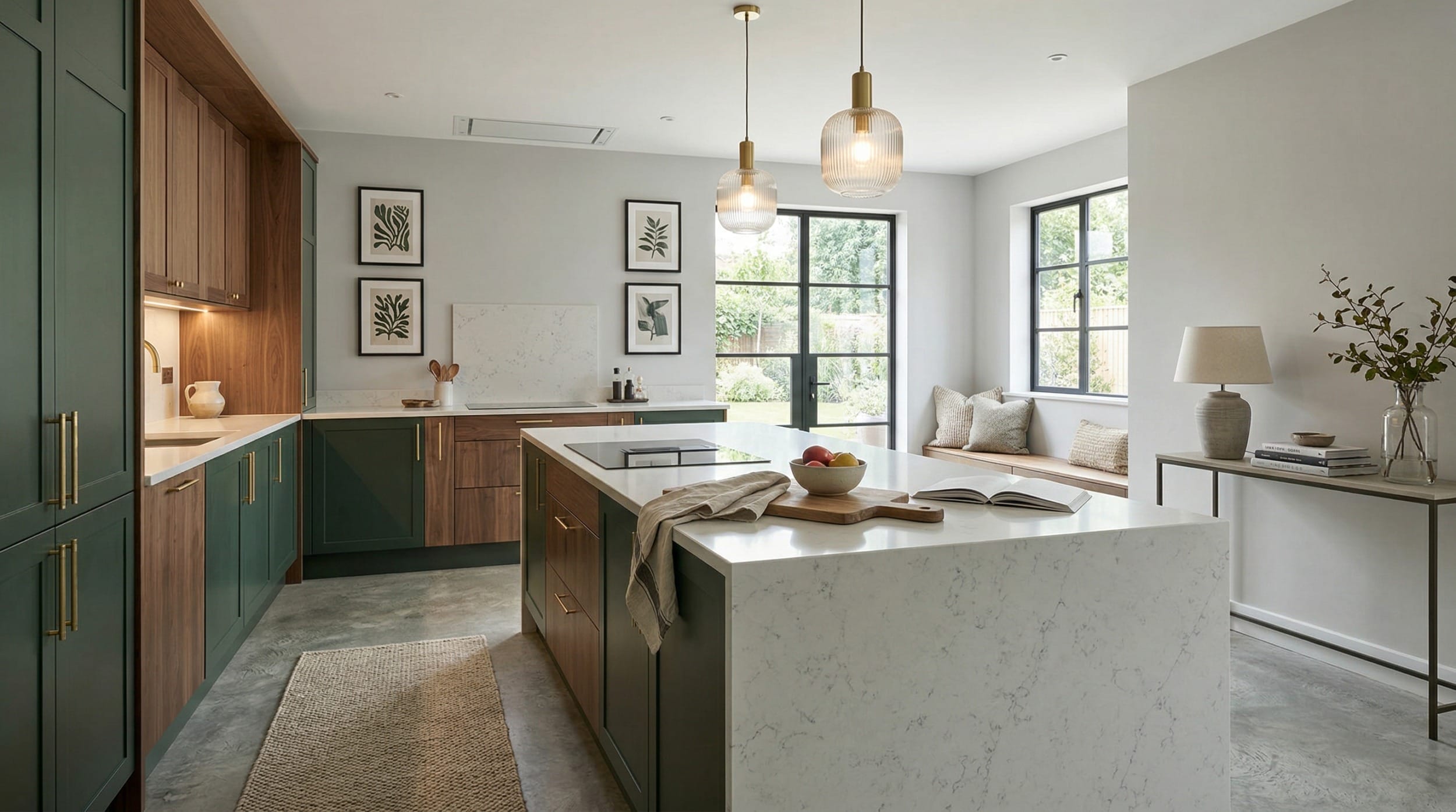 Wide view of a newly completed bespoke Mastercraft kitchen in a Aberdaron home, modern shaker cabinetry in mussel tones