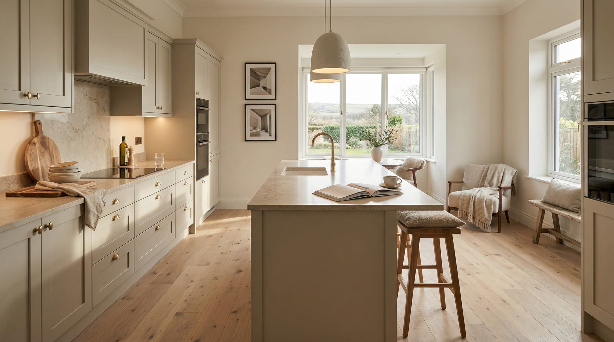 Wide view of a newly completed bespoke Mastercraft kitchen, contemporary painted lay-on cabinetry in dust grey tones