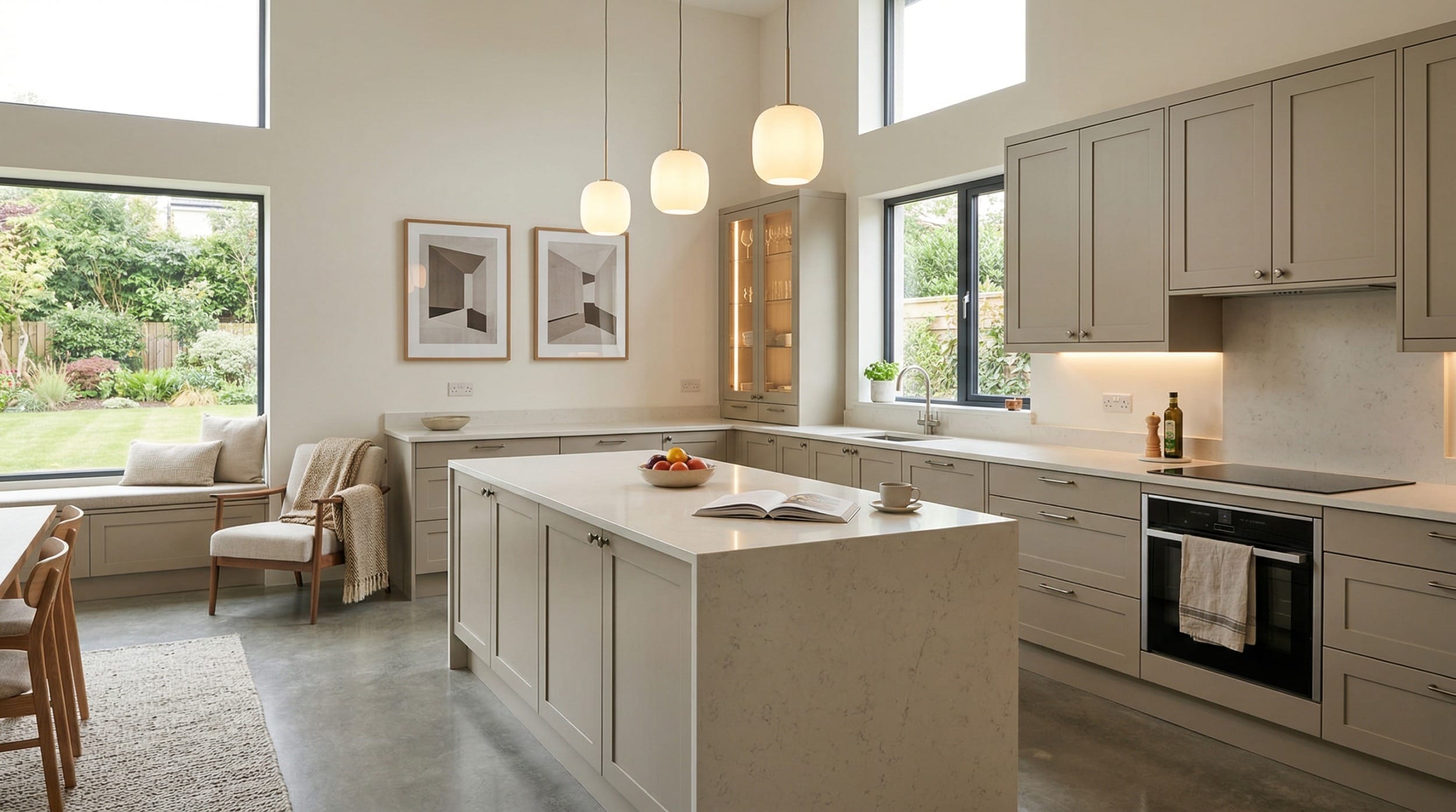 Wide view of a newly completed bespoke Mastercraft kitchen, contemporary painted lay-on cabinetry in cardamom tones