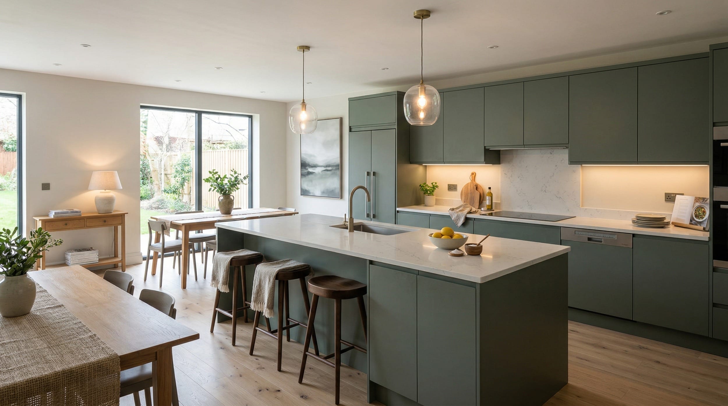 Wide view of a newly completed bespoke Mastercraft kitchen, contemporary painted lay-on cabinetry in heritage green tones