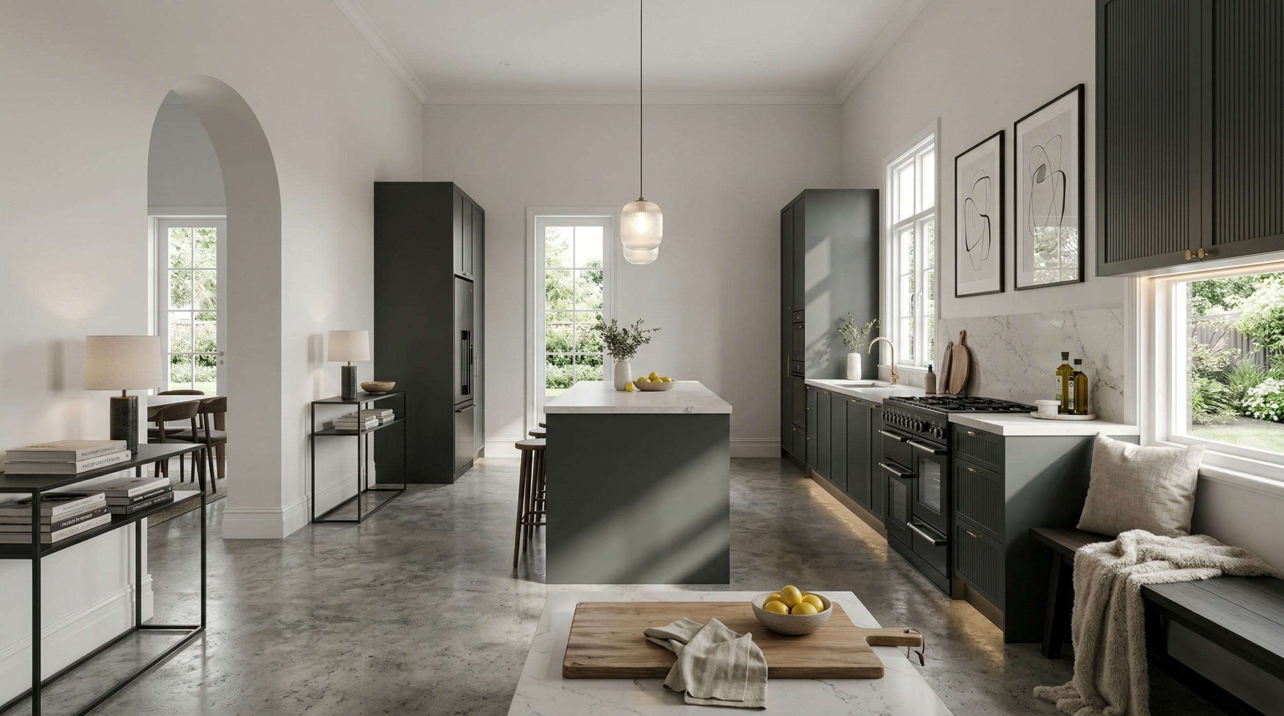 Wide view of a newly completed bespoke Mastercraft kitchen, contemporary painted lay-on cabinetry in mussel tones