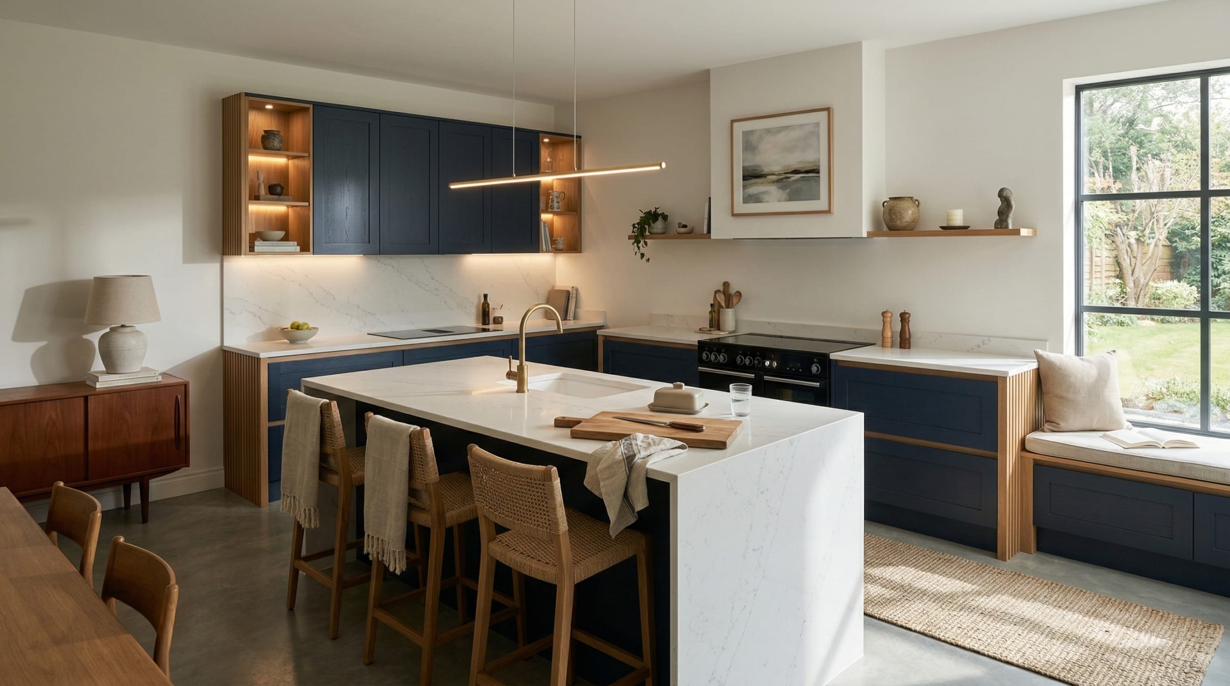 Wide view of a newly completed bespoke Mastercraft kitchen, contemporary painted lay-on cabinetry in willow tones