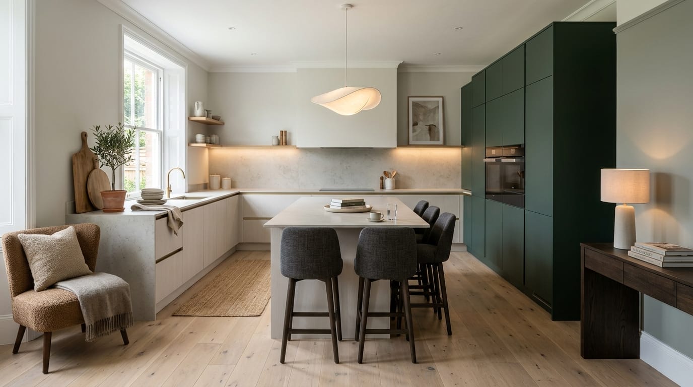 Wide view of a newly completed bespoke Mastercraft kitchen, modern shaker cabinetry in airforce tones