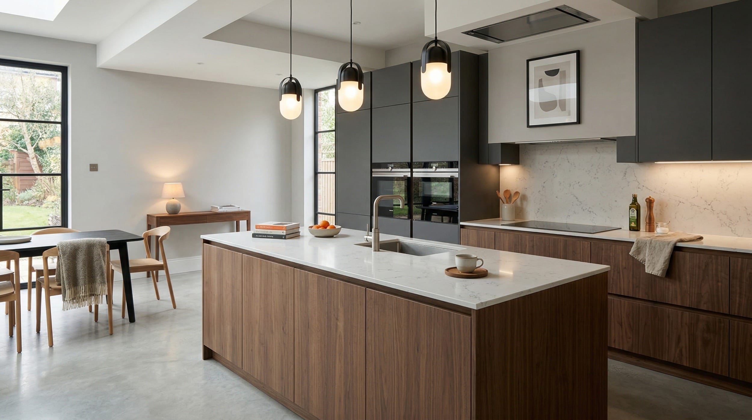 Wide view of a newly completed bespoke Mastercraft kitchen, modern shaker cabinetry in light teal tones