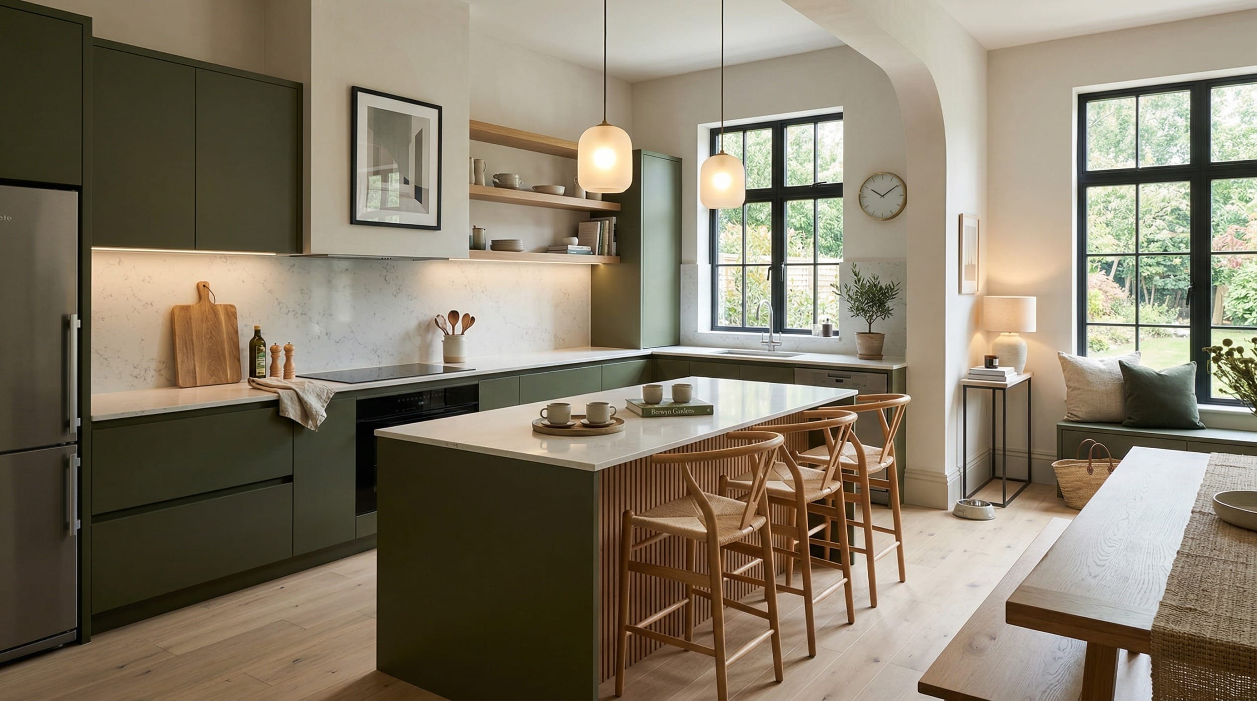 Wide view of a newly completed bespoke Mastercraft kitchen, matt painted handleless slab cabinetry in light teal tones