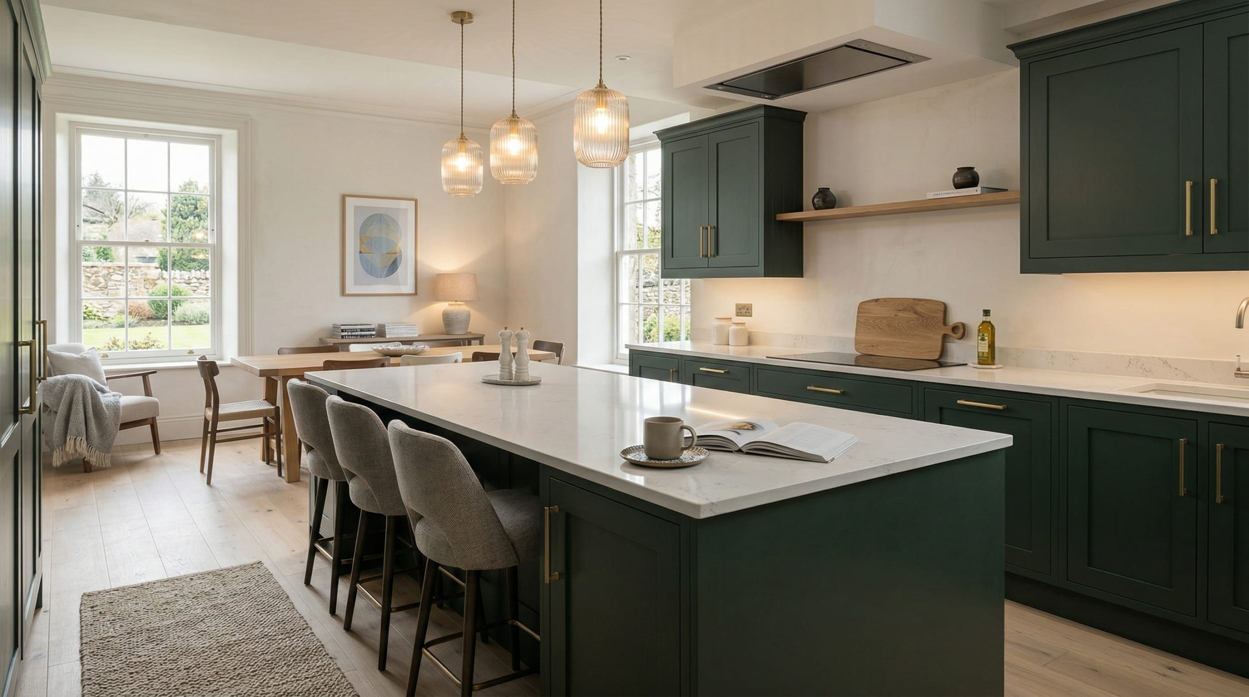 Wide view of a newly completed bespoke Mastercraft kitchen, modern shaker cabinetry in viridian tones