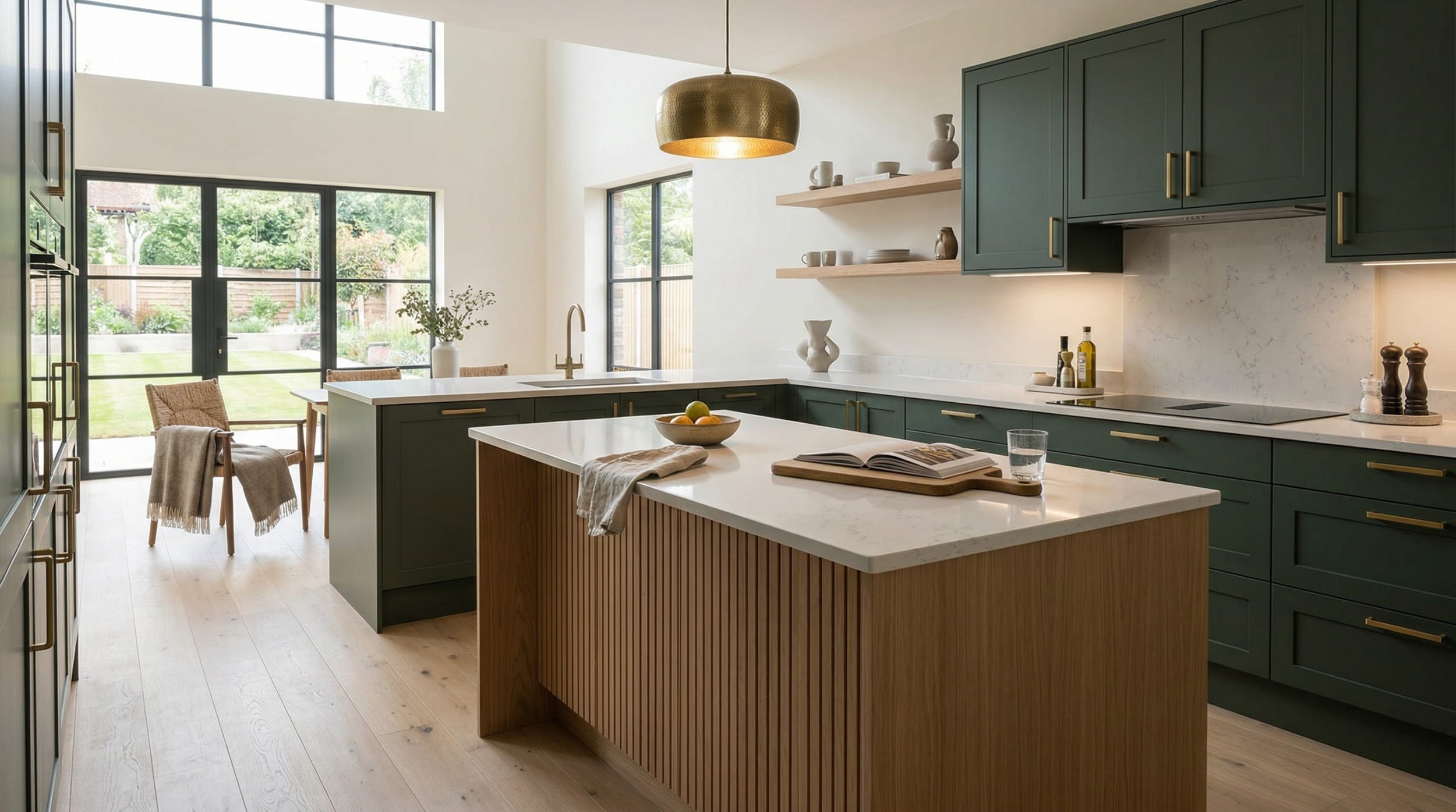 Wide view of a newly completed bespoke Mastercraft kitchen, contemporary in-frame cabinetry in pantry blue tones