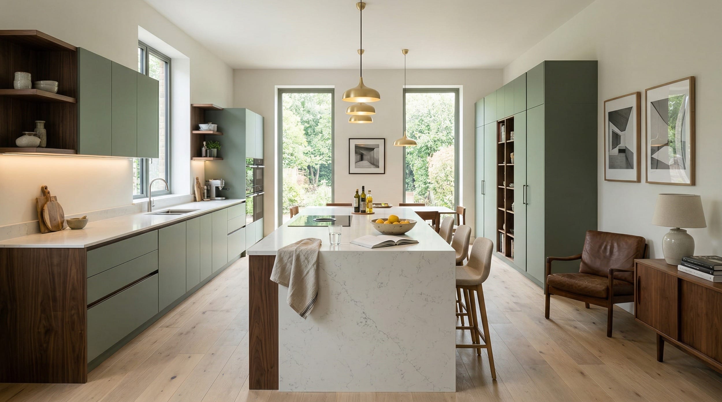 Wide view of a newly completed bespoke Mastercraft kitchen, contemporary painted lay-on cabinetry in sage green tones