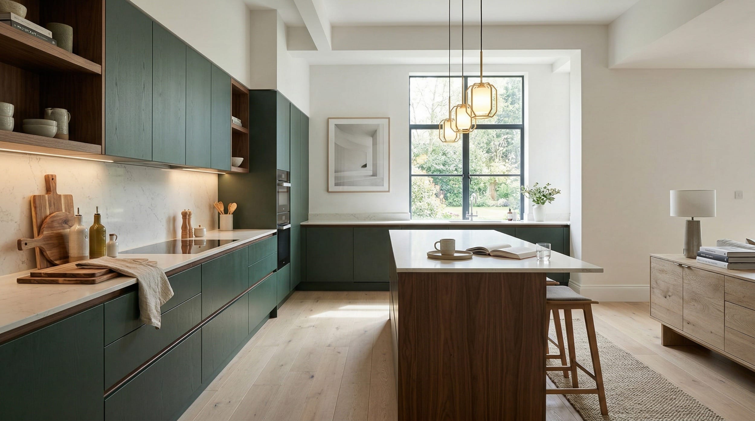 Wide view of a newly completed bespoke Mastercraft kitchen, contemporary painted lay-on cabinetry in lava tones