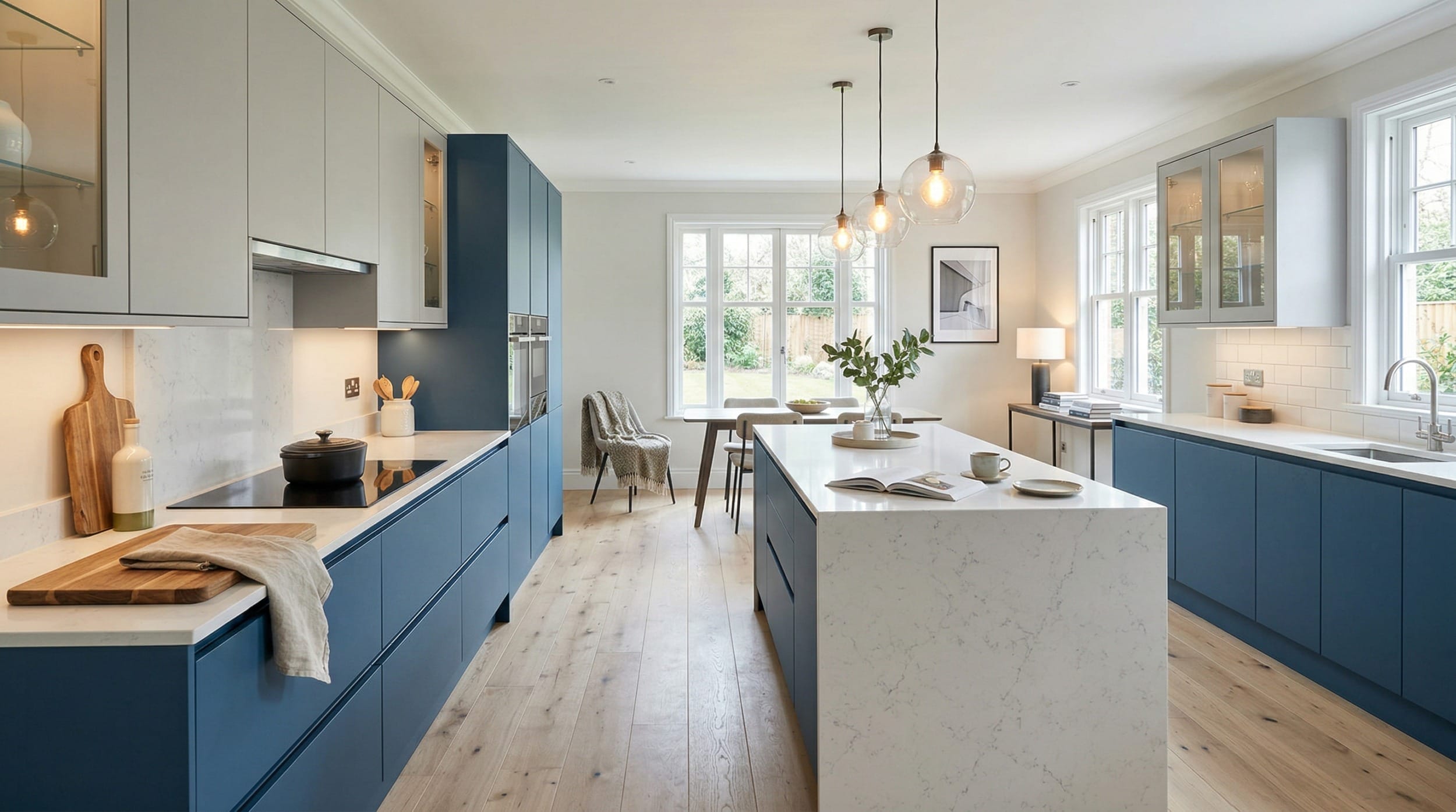 Wide view of a newly completed bespoke Mastercraft kitchen, matt painted handleless slab cabinetry in cardamom tones