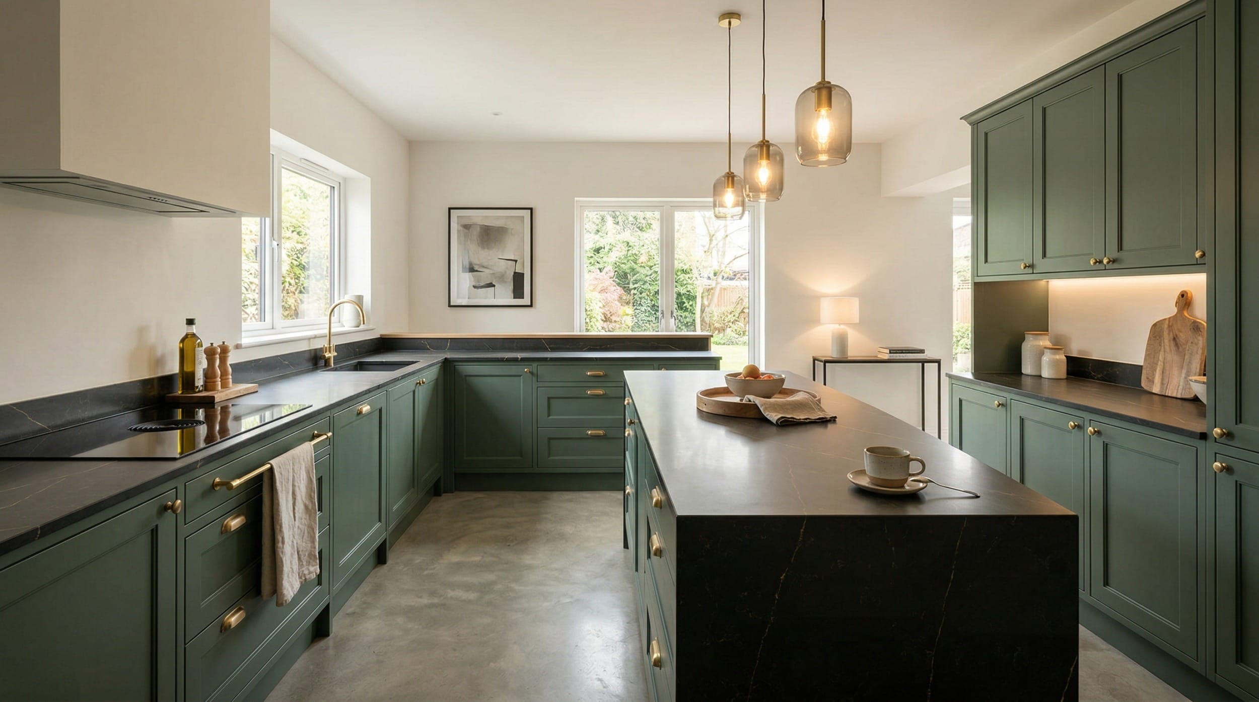 Wide view of a newly completed bespoke Mastercraft kitchen, contemporary in-frame cabinetry in cashmere tones