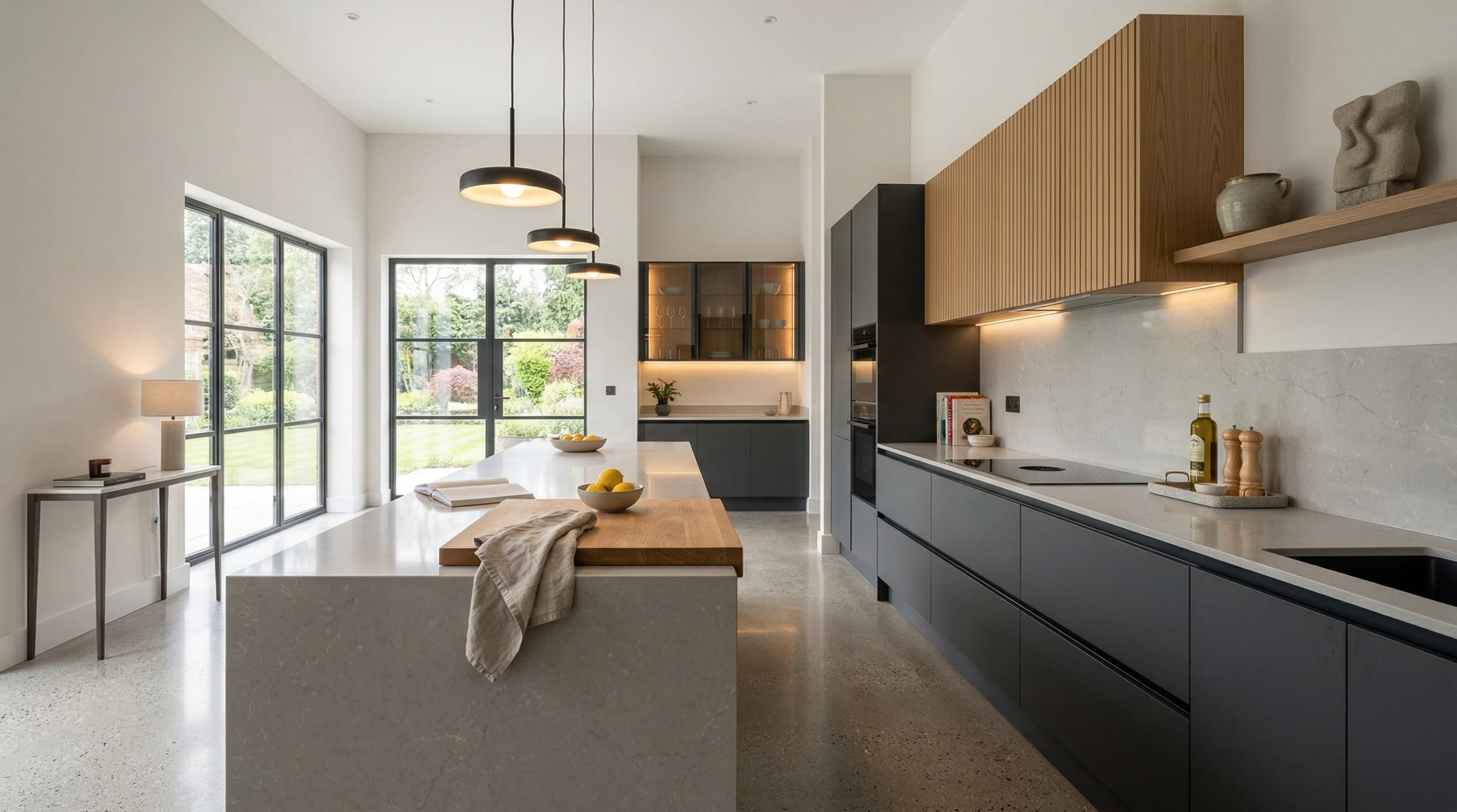 Wide view of a newly completed bespoke Mastercraft kitchen, timber veneer slab-door cabinetry in willow tones