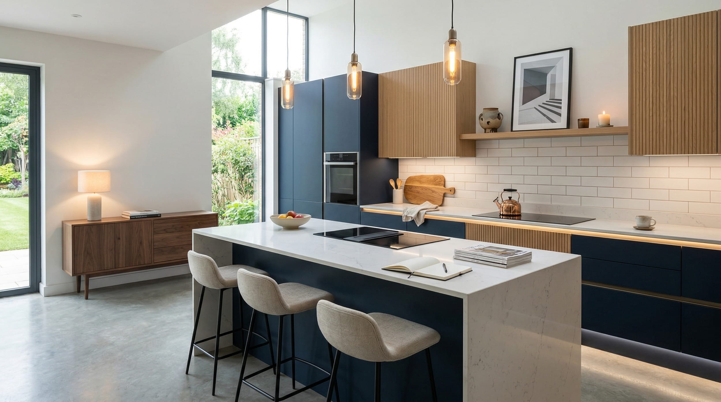 Wide view of a newly completed bespoke Mastercraft kitchen, contemporary painted lay-on cabinetry in brilliant white tones