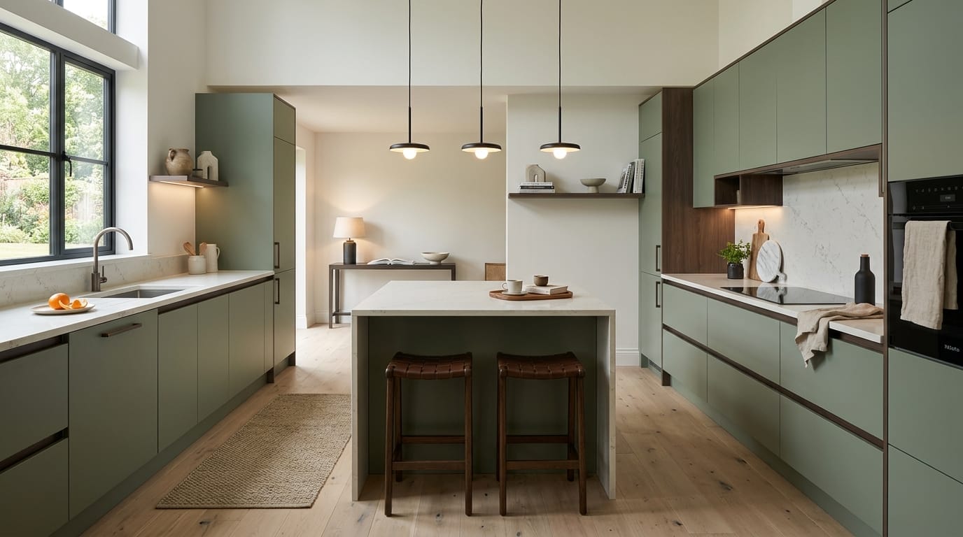 Wide view of a newly completed bespoke Mastercraft kitchen, modern shaker cabinetry in lava tones