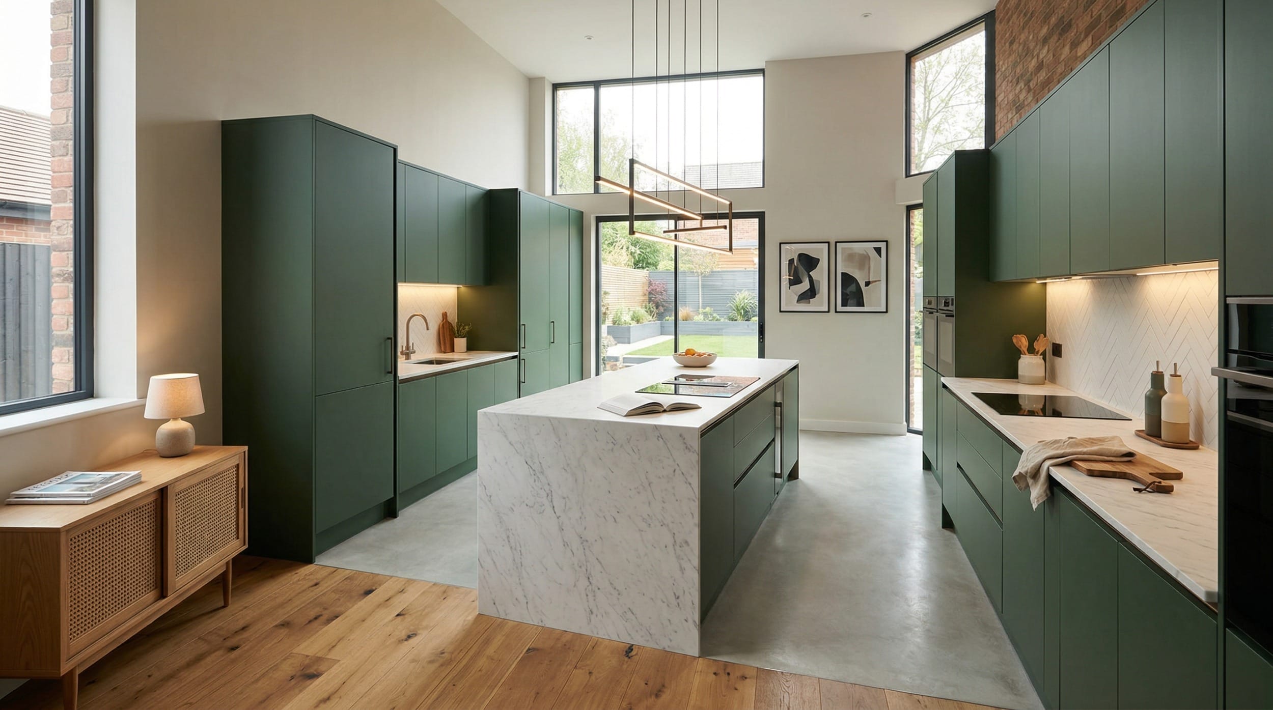 Wide view of a newly completed bespoke Mastercraft kitchen, timber veneer slab-door cabinetry in porcelain tones