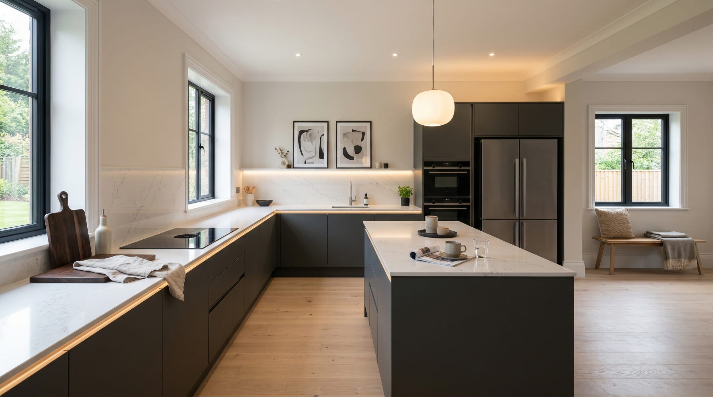 Wide view of a newly completed bespoke Mastercraft kitchen, timber veneer slab-door cabinetry in slate blue tones