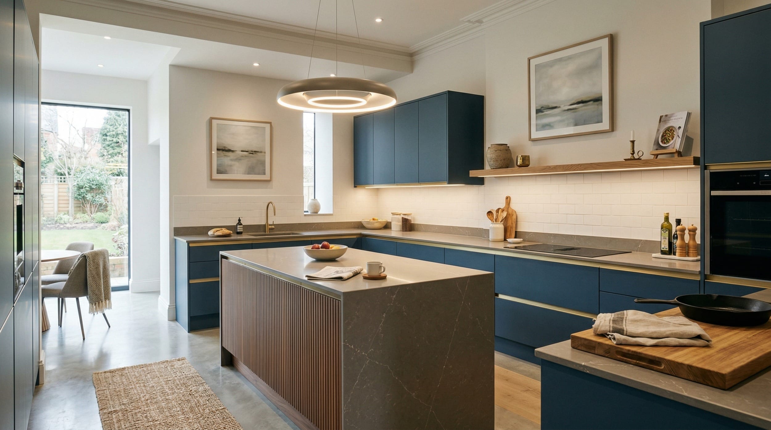 Wide view of a newly completed bespoke Mastercraft kitchen, timber veneer slab-door cabinetry in taupe grey tones