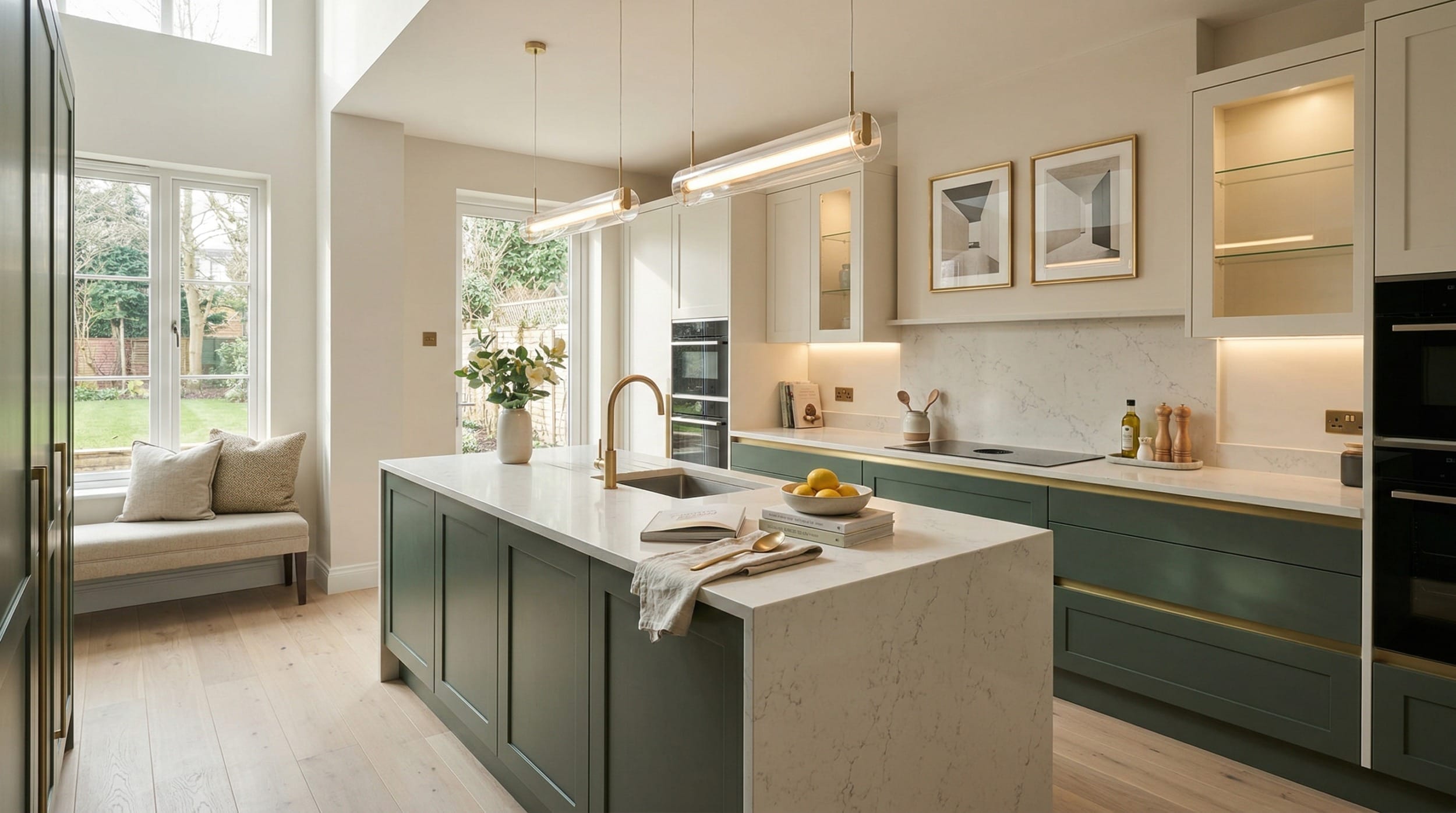 Wide view of a bespoke Mastercraft kitchen, matt painted handleless slab cabinetry in parisian blue tones