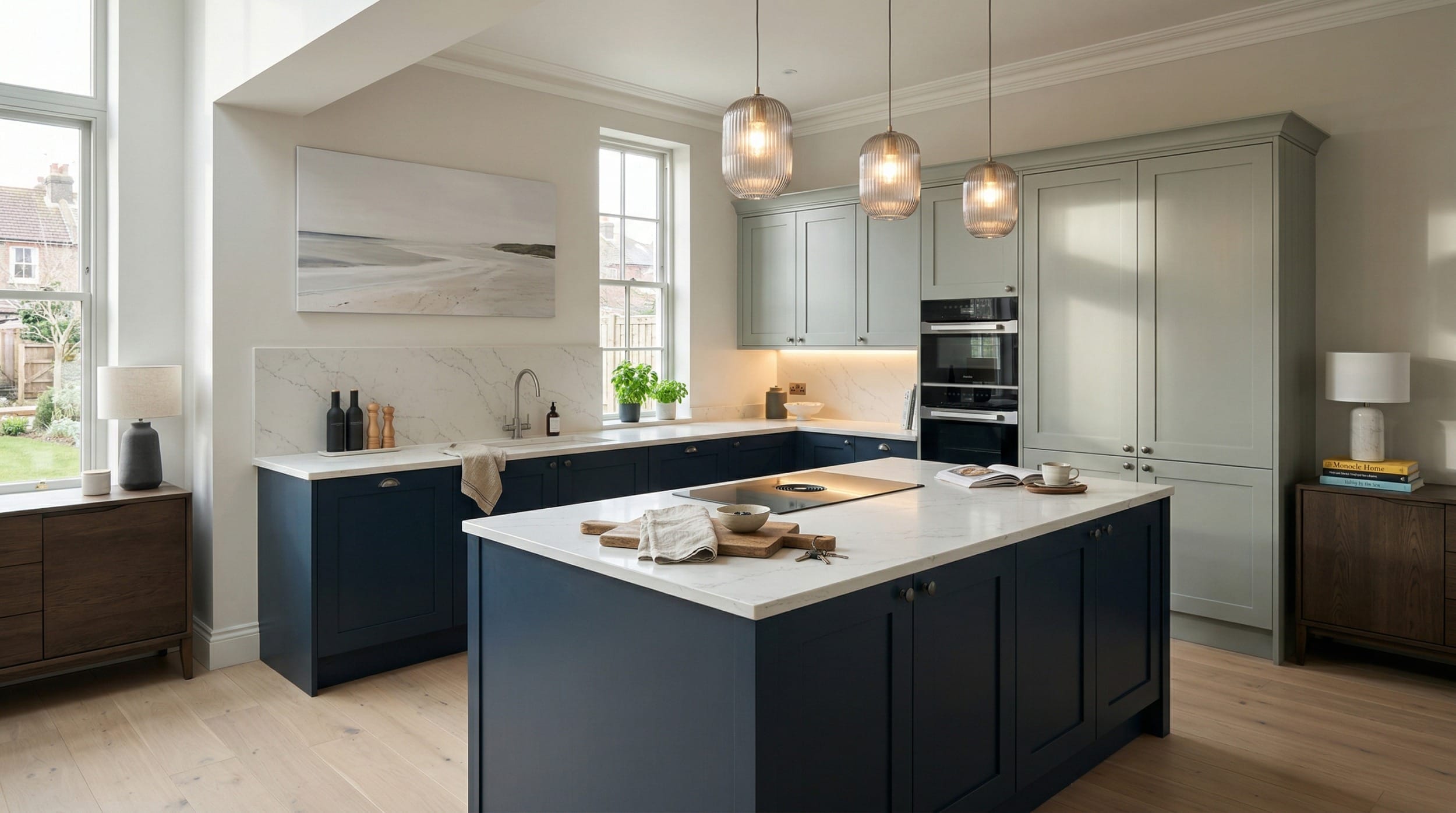 Wide view of a bespoke Mastercraft kitchen, contemporary painted lay-on cabinetry in dust grey tones