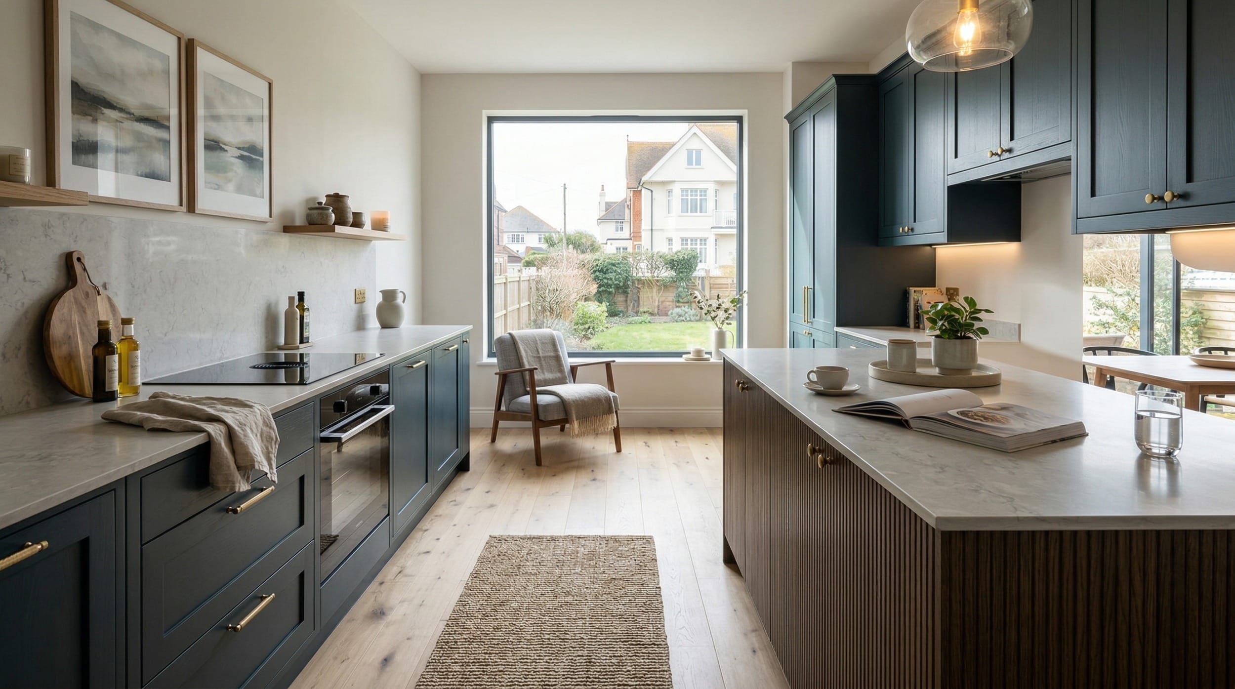 Wide view of a bespoke Mastercraft kitchen, modern shaker cabinetry in marine tones