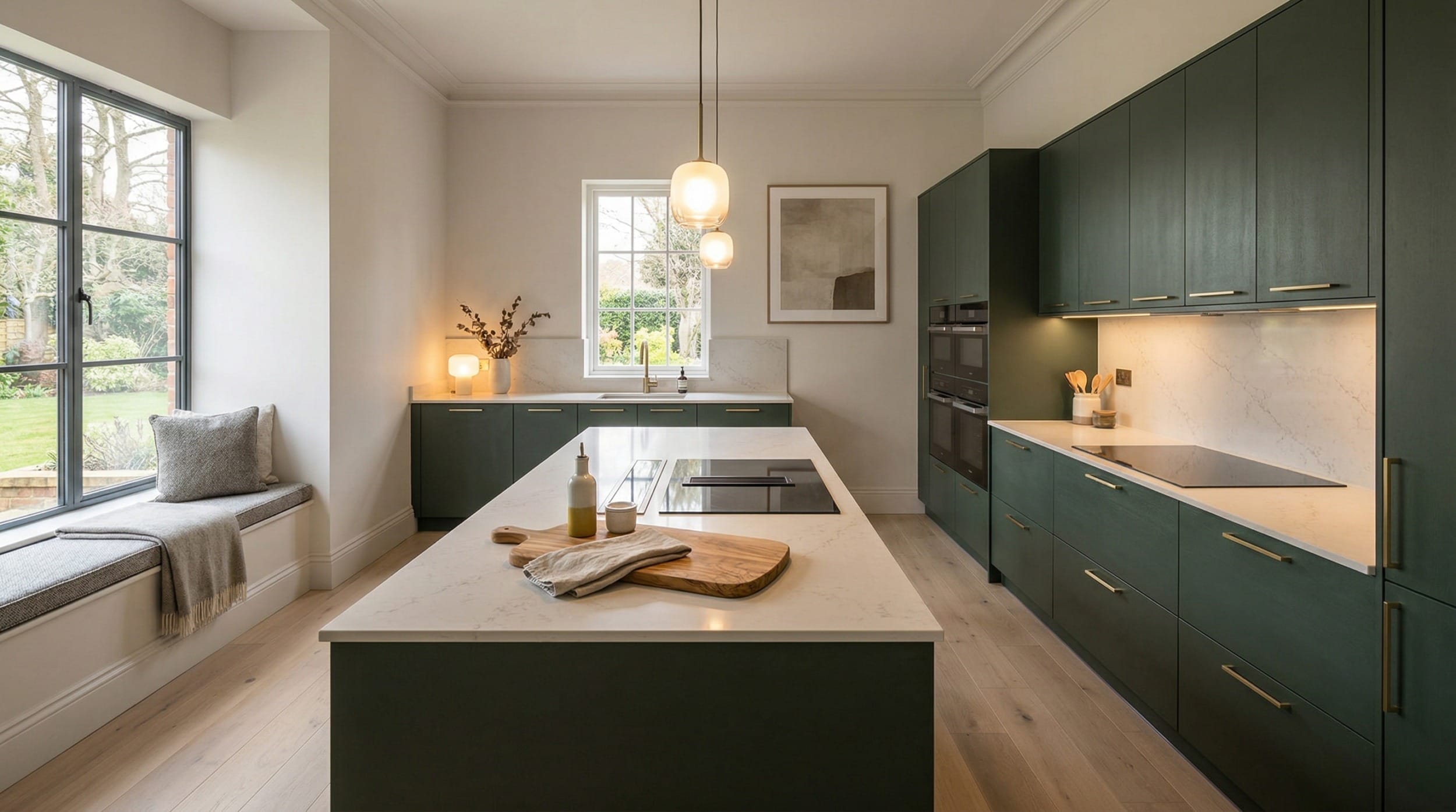 Wide view of a bespoke Mastercraft kitchen, matt painted handleless slab cabinetry in sage green tones