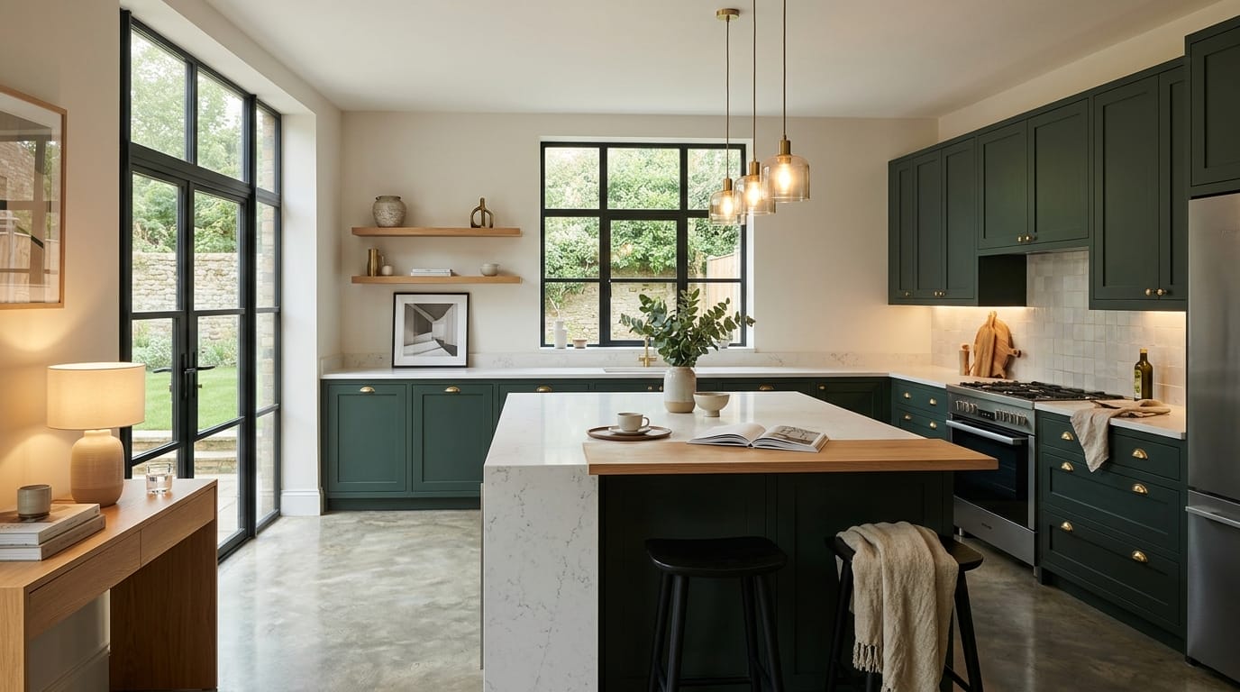 Wide view of a bespoke Mastercraft kitchen, contemporary in-frame cabinetry in cardamom tones
