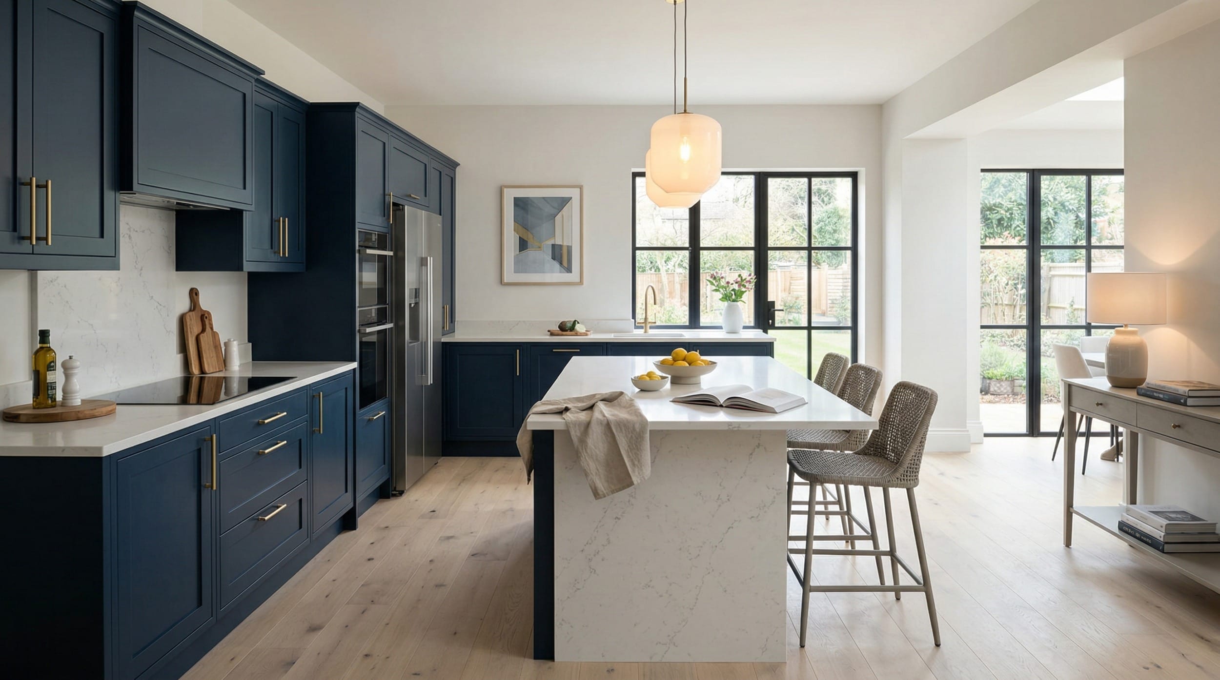 Wide view of a bespoke Mastercraft kitchen, modern shaker cabinetry in heritage green tones