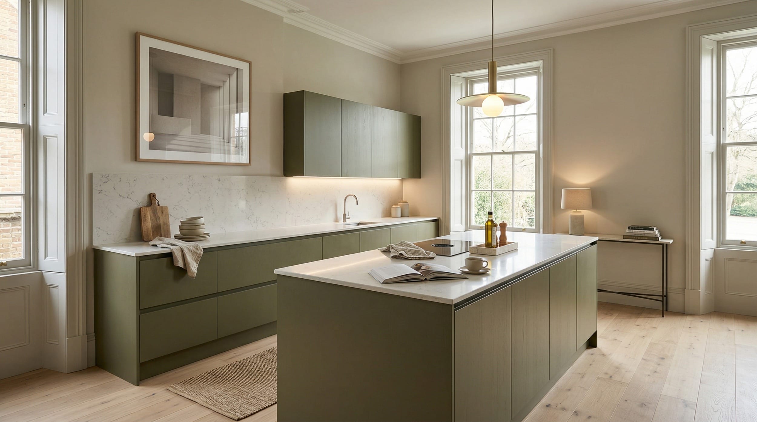 Wide view of a bespoke Mastercraft kitchen, timber veneer slab-door cabinetry in ivory tones