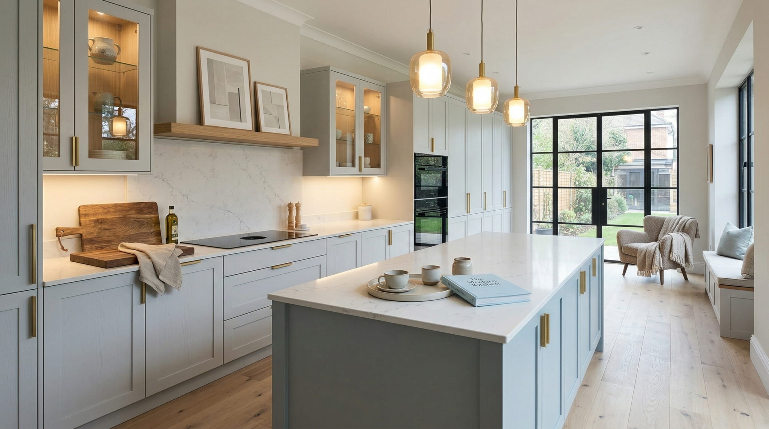 Wide view of a bespoke Mastercraft kitchen, matt painted handleless slab cabinetry in deep forest tones