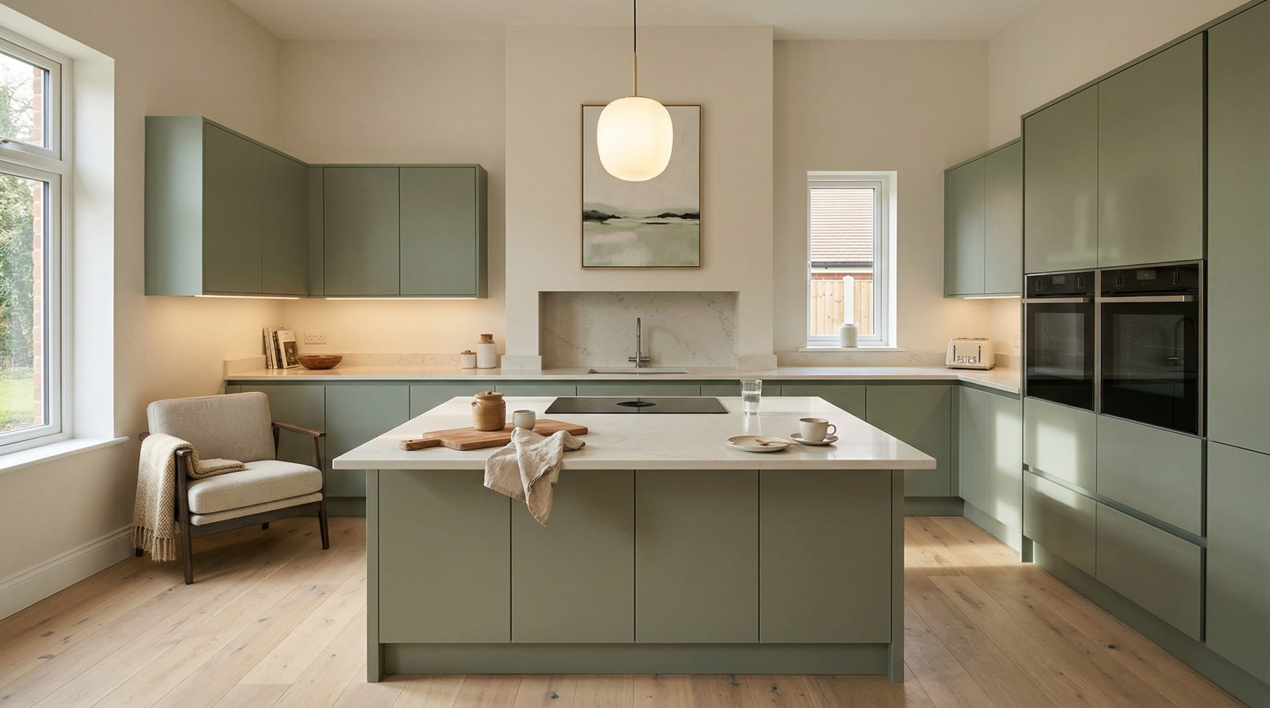 Wide view of a bespoke Mastercraft kitchen, contemporary painted lay-on cabinetry in airforce tones