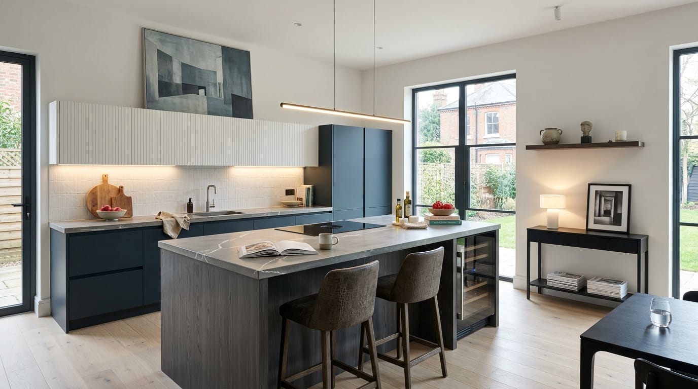 Wide view of a newly completed bespoke Mastercraft kitchen, contemporary painted lay-on cabinetry in shell tones