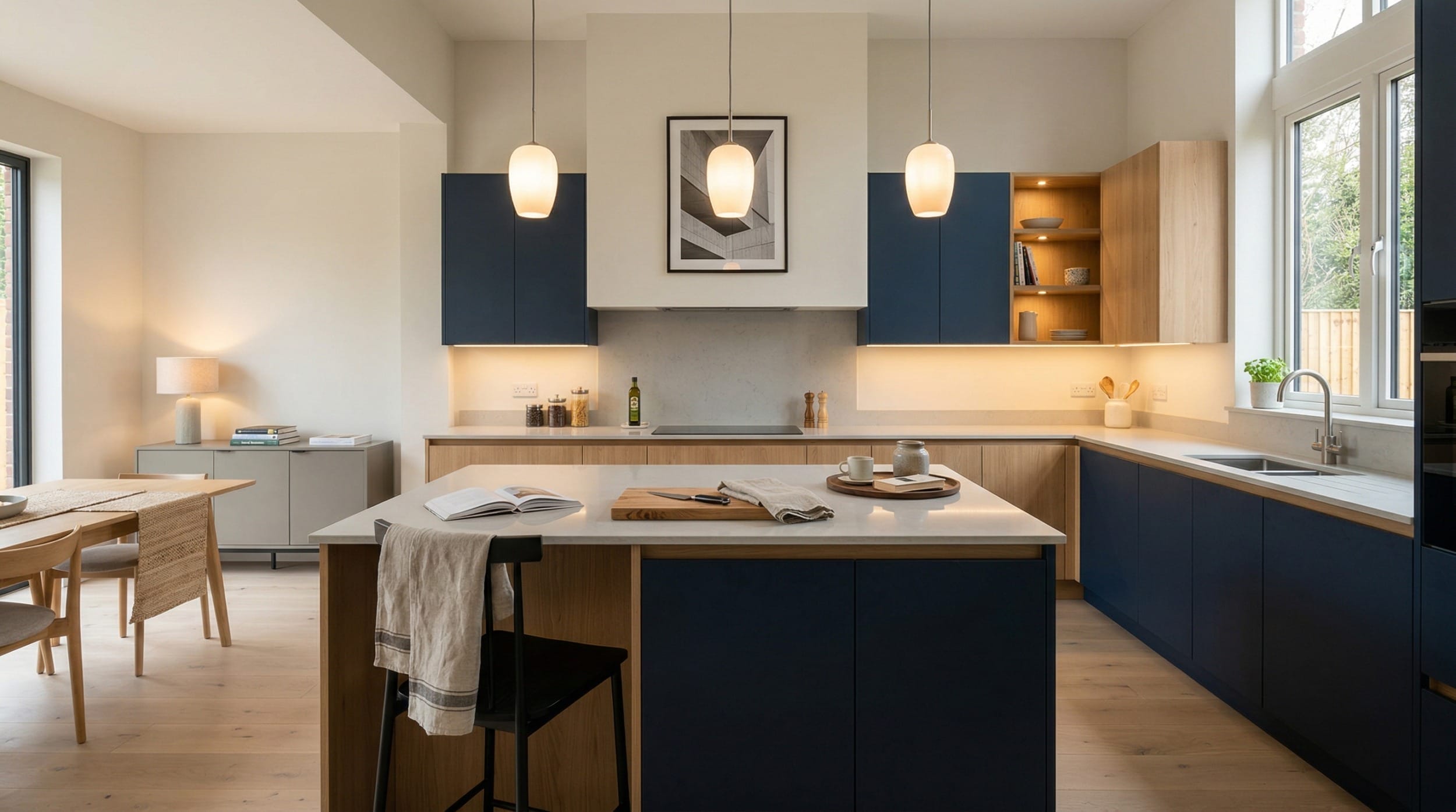 Wide view of a bespoke Mastercraft kitchen, contemporary painted lay-on cabinetry in porcelain tones