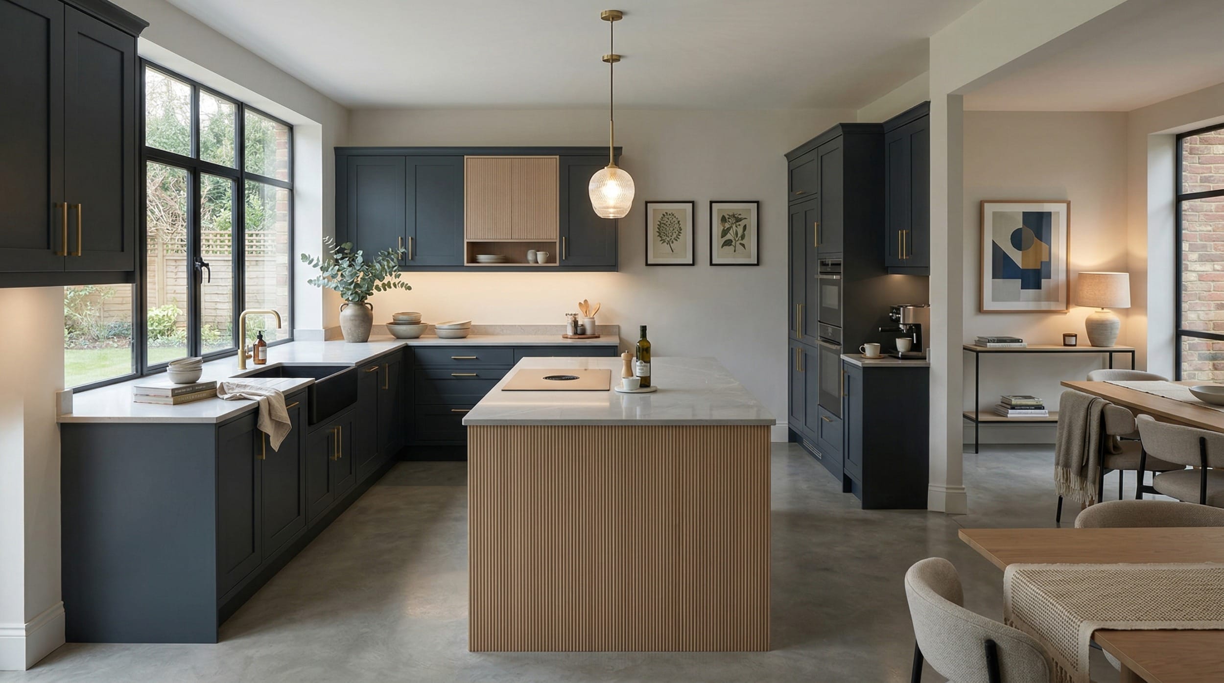 Wide view of a bespoke Mastercraft kitchen, contemporary painted lay-on cabinetry in indigo tones