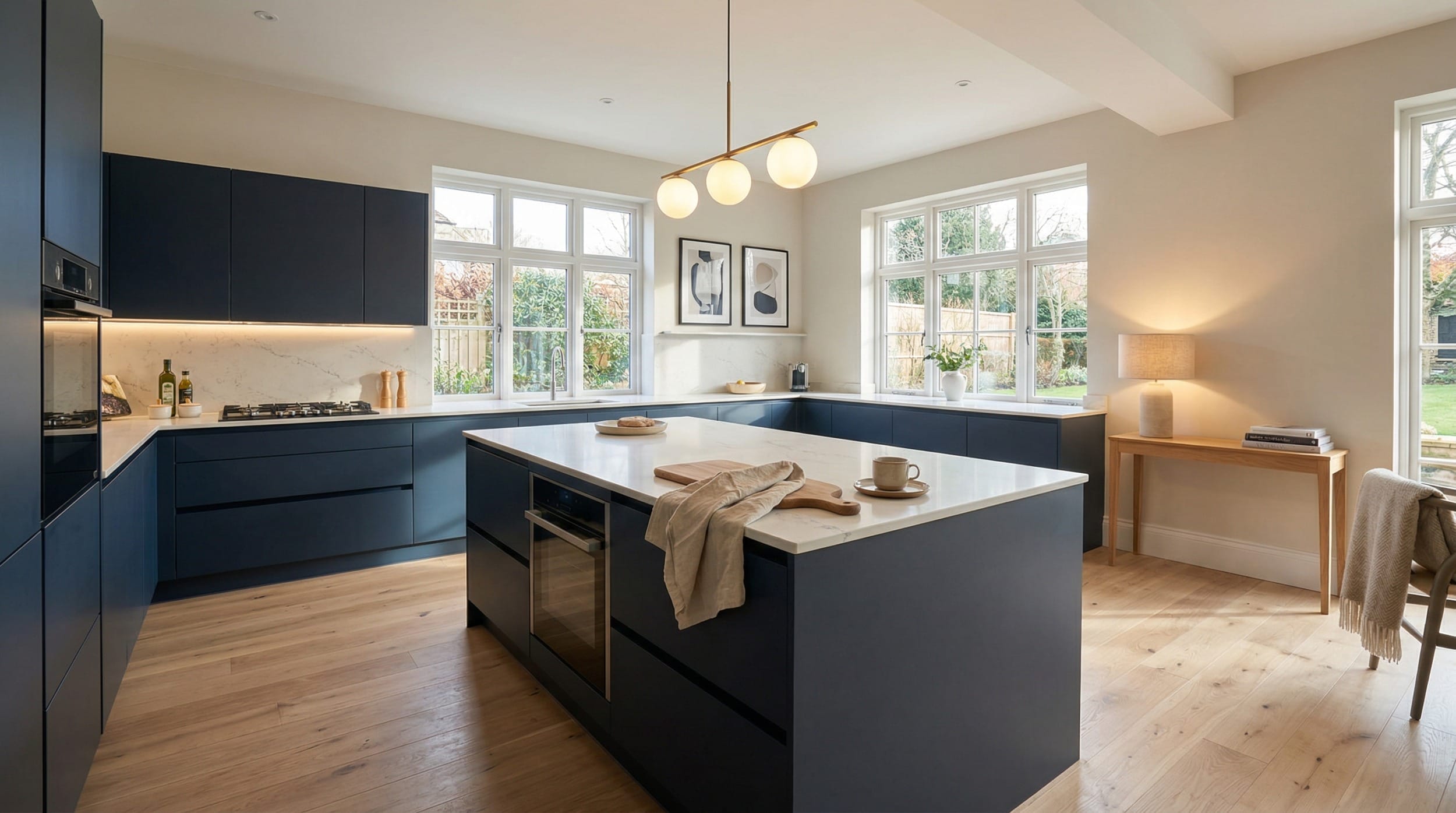 Wide view of a bespoke Mastercraft kitchen, matt painted handleless slab cabinetry in shell tones