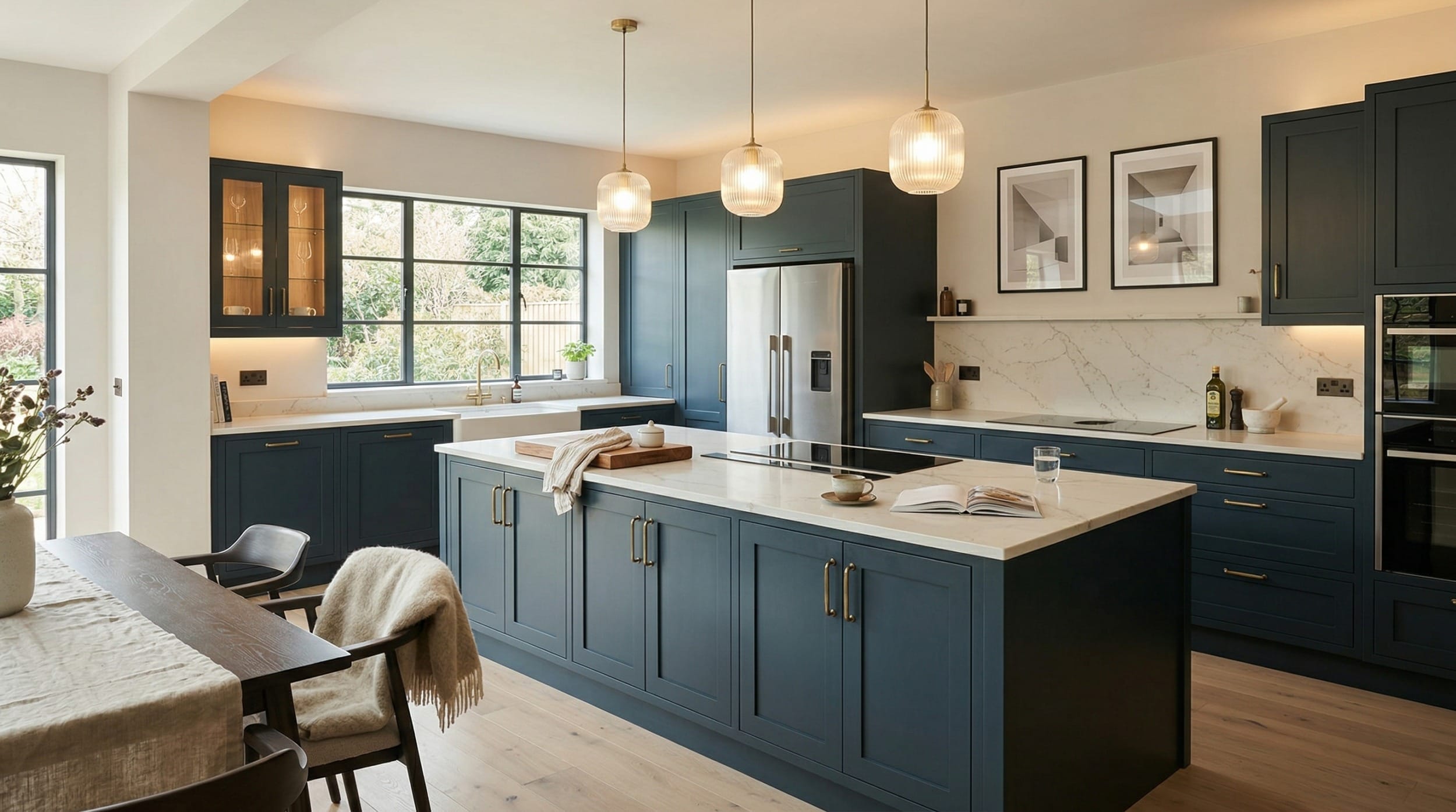 Wide view of a bespoke Mastercraft kitchen, matt painted handleless slab cabinetry in slate blue tones