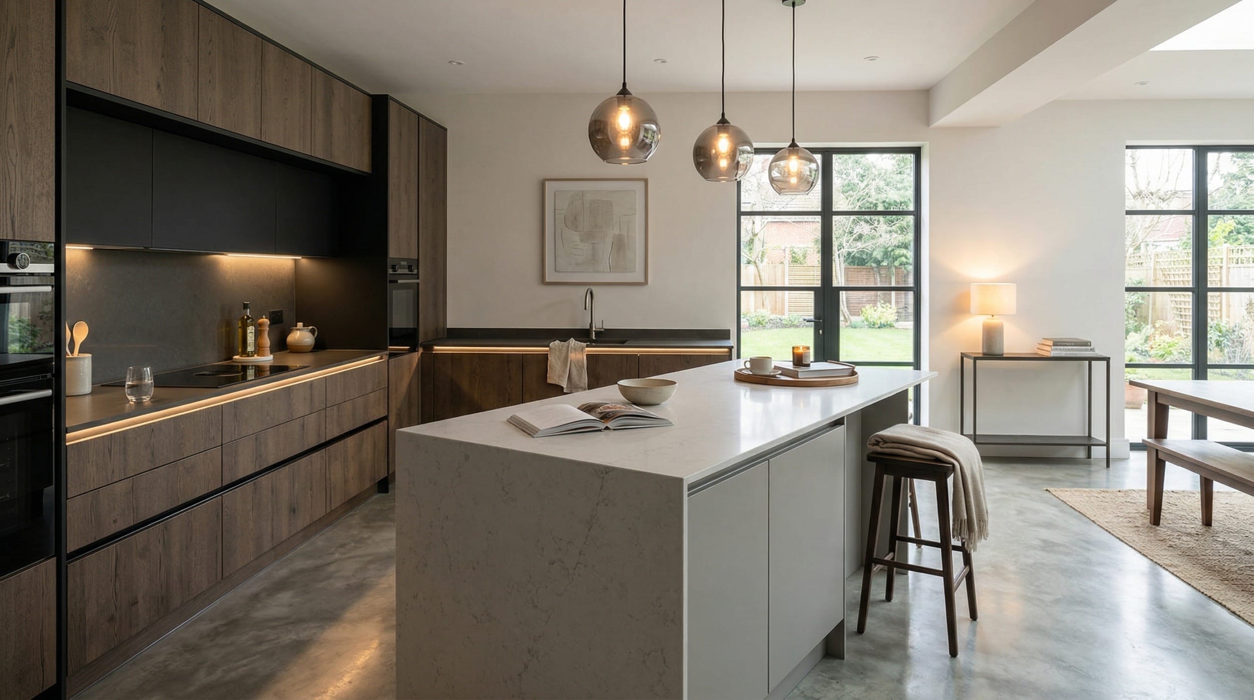 Wide view of a bespoke Mastercraft kitchen, modern shaker cabinetry in heritage green tones
