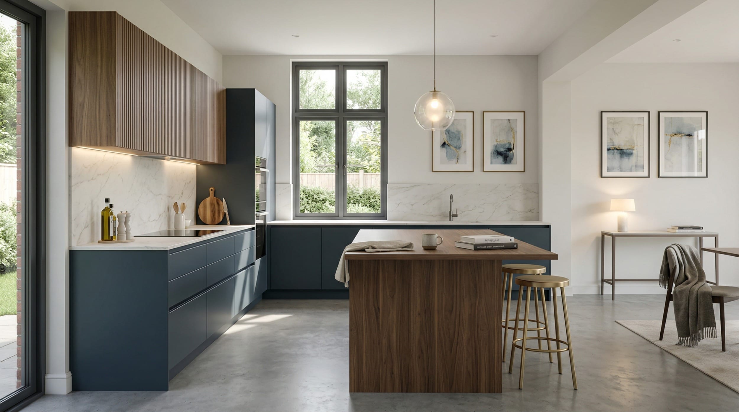 Wide view of a bespoke Mastercraft kitchen, modern shaker cabinetry in cashmere tones