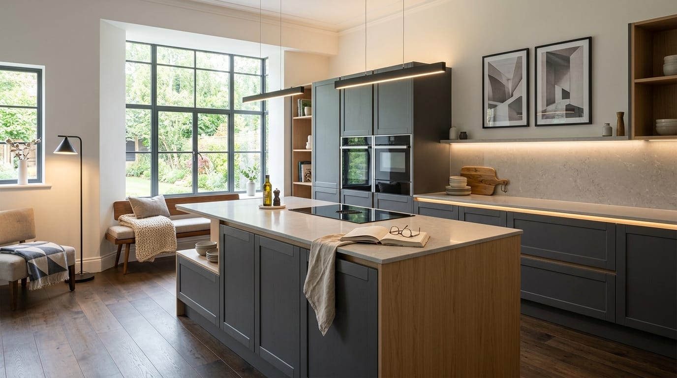 Wide view of a newly completed bespoke Mastercraft kitchen, matt painted handleless slab cabinetry in graphite tones