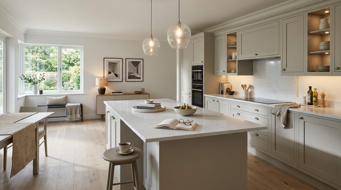 Wide view of a bespoke Mastercraft kitchen, contemporary painted lay-on cabinetry in reed green tones