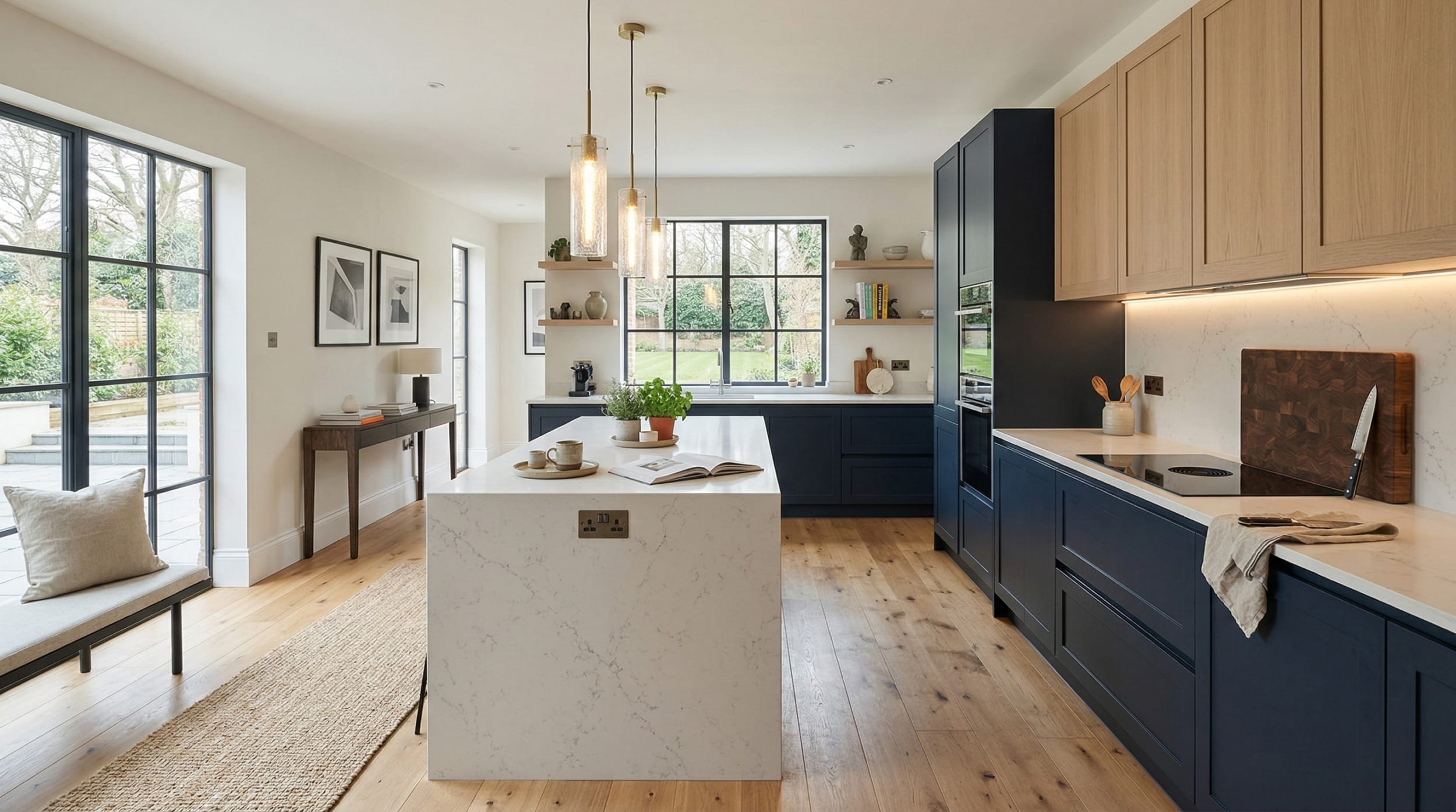Wide view of a bespoke Mastercraft kitchen, contemporary painted lay-on cabinetry in indigo tones