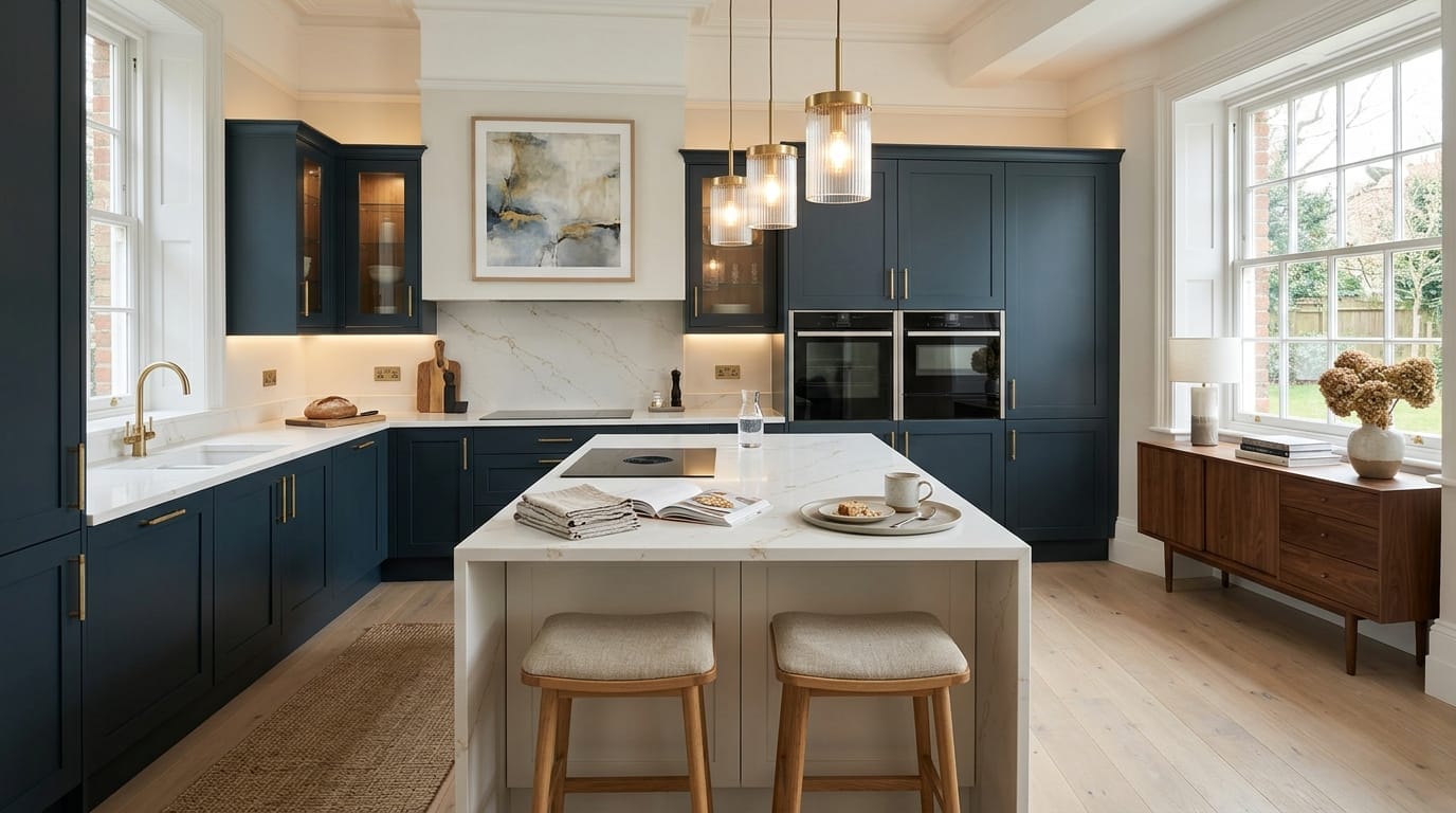 Wide view of a bespoke Mastercraft kitchen, contemporary painted lay-on cabinetry in cashmere tones