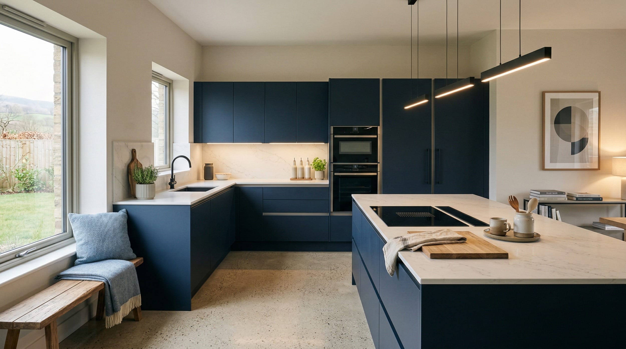 Wide view of a bespoke Mastercraft kitchen, matt painted handleless slab cabinetry in pantry blue tones