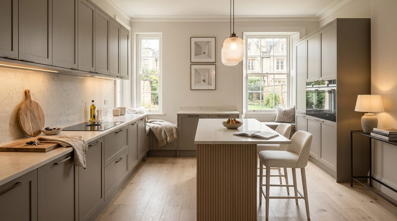 Wide view of a newly completed bespoke Mastercraft kitchen, matt painted handleless slab cabinetry in indigo tones