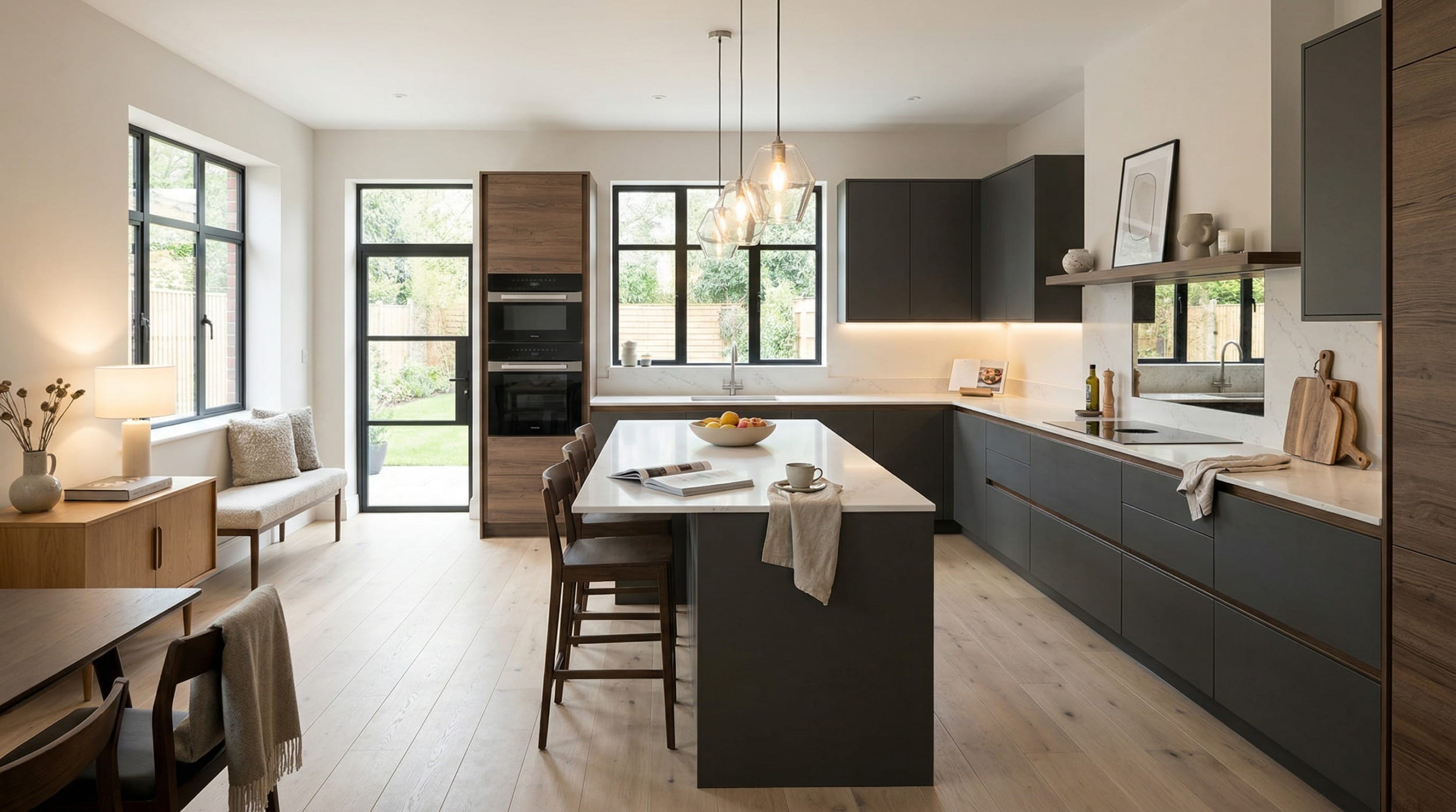 Wide view of a bespoke Mastercraft kitchen, timber veneer slab-door cabinetry in light teal tones