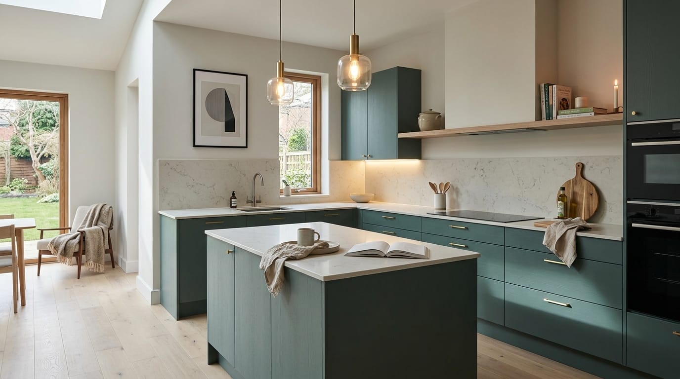 Wide view of a newly completed bespoke Mastercraft kitchen, timber veneer slab-door cabinetry in cardamom tones