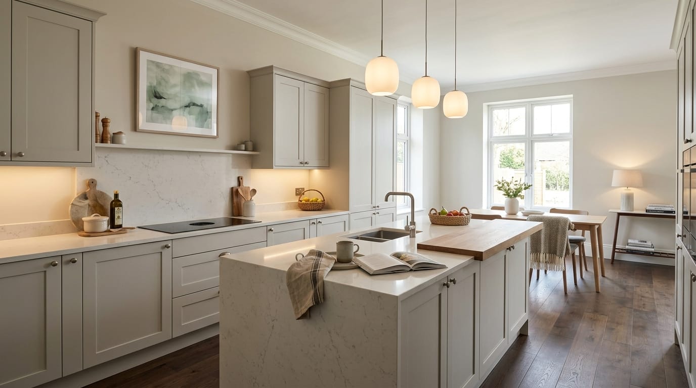 light grey shaker kitchen with marble island and pendant lights