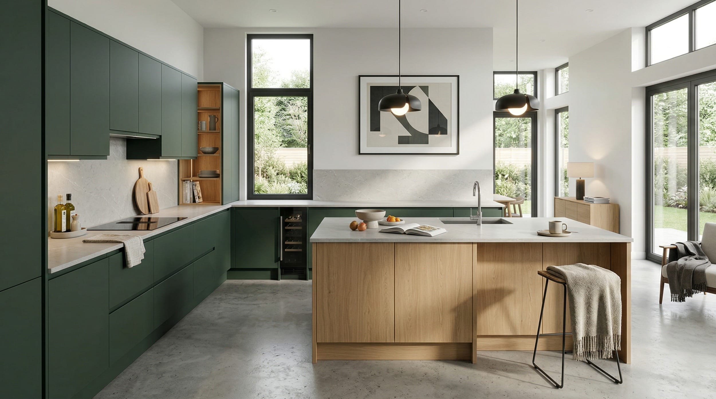matte green cupboards with pale wood island and large windows