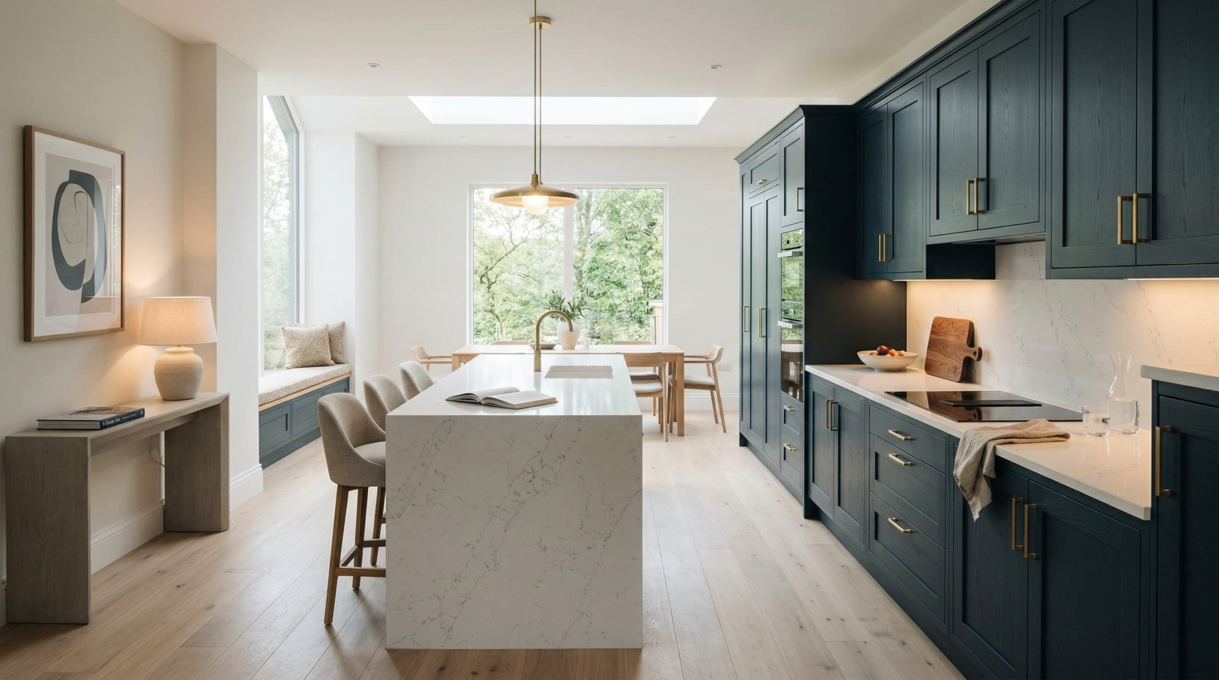navy blue cupboards, marble island, pale wood floor, large window with garden view
